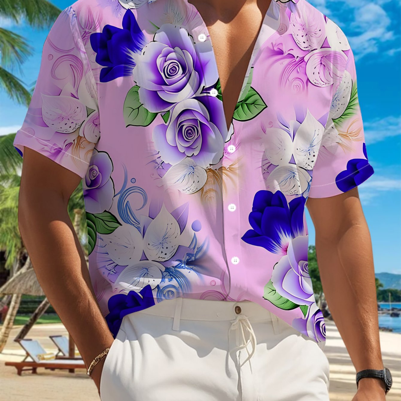 TEMU 's Casual Short-sleeve Shirt, Pink-based Purple And Blue Floral Print With Full Coverage Of Vines And Curling Leaves, Versatile For Holiday