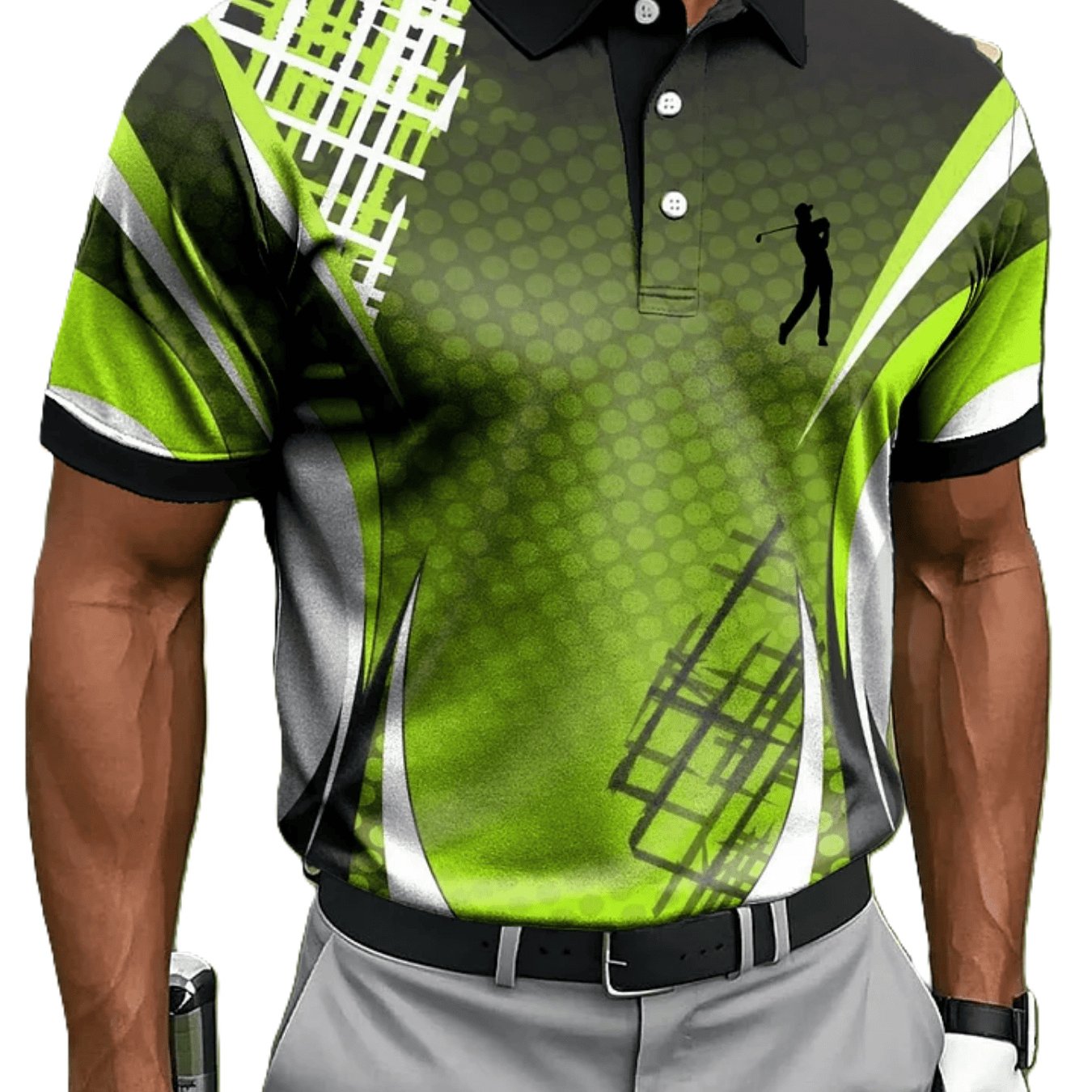 TEMU Printed Design â Not Textured Green And Black Gradient Geometric Line Golf Silhouette Short-sleeve Shirt, Dynamic , Neat Tailoring, Wearable ,