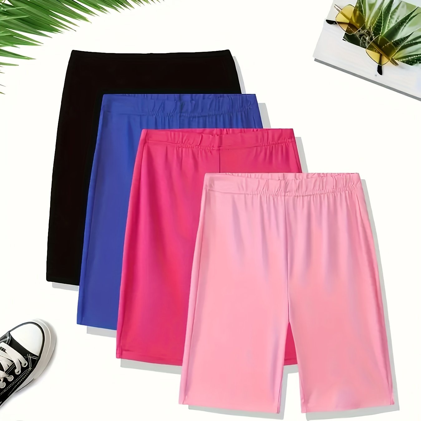 TEMU Ensemble de 4 shorts pour femmes - Respirants, séchage rapide, taille élastique, couleur unie - Parfaits pour un look décontracté et