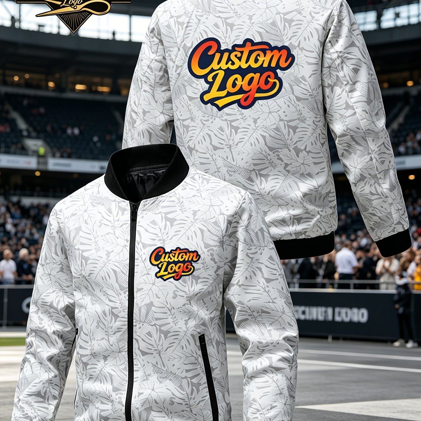 TEMU Men's Plus Size Asian Xs-3xl Custom Logo/text/logo Baseball Jacket - Jacquard Suitable For Business Casual & Work Uniforms, Zipper Closure Stand