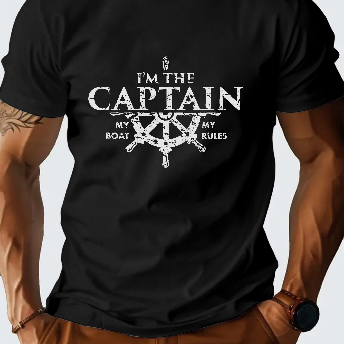 TEMU Men's "i'm The Captain" Nautical Anchor Pattern T-shirt - Maritime Crew Neck Top, Breathable Fabric, Ideal For Beach, Boating, Casual Attire -