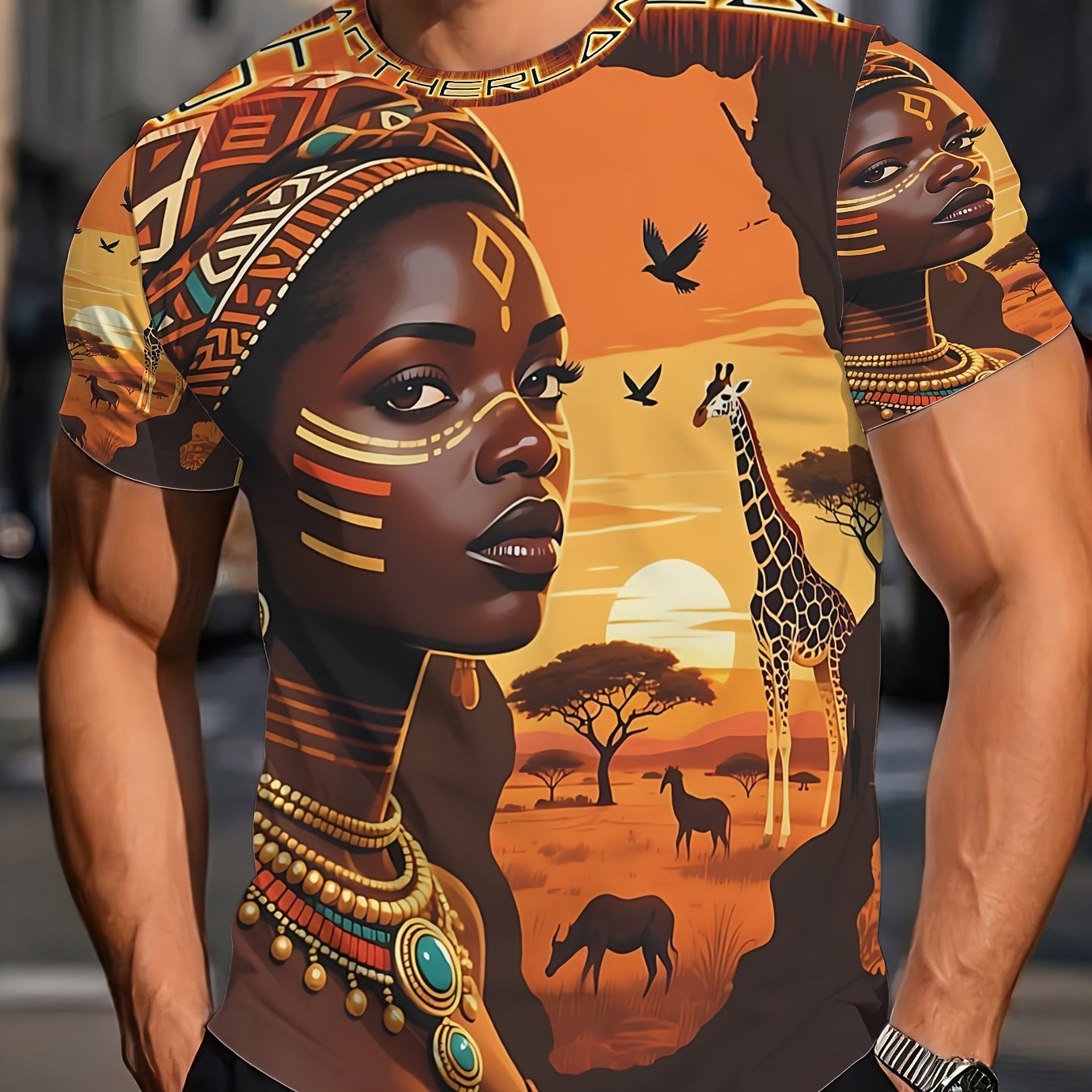 TEMU Wildlife Giraffe And Tribal Woman Pattern Men Is T-shirt Casual Wear For Ideal Father Is Day Mas And Birthday Gift