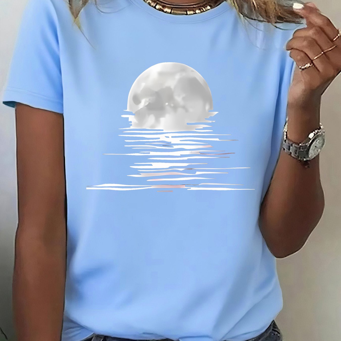 TEMU [new Year Theme] 1pc Spring New Women's T-shirt - Moonlight Reflection Print, Suitable For Sports, Fitness, Running, Fashionable And Fun,