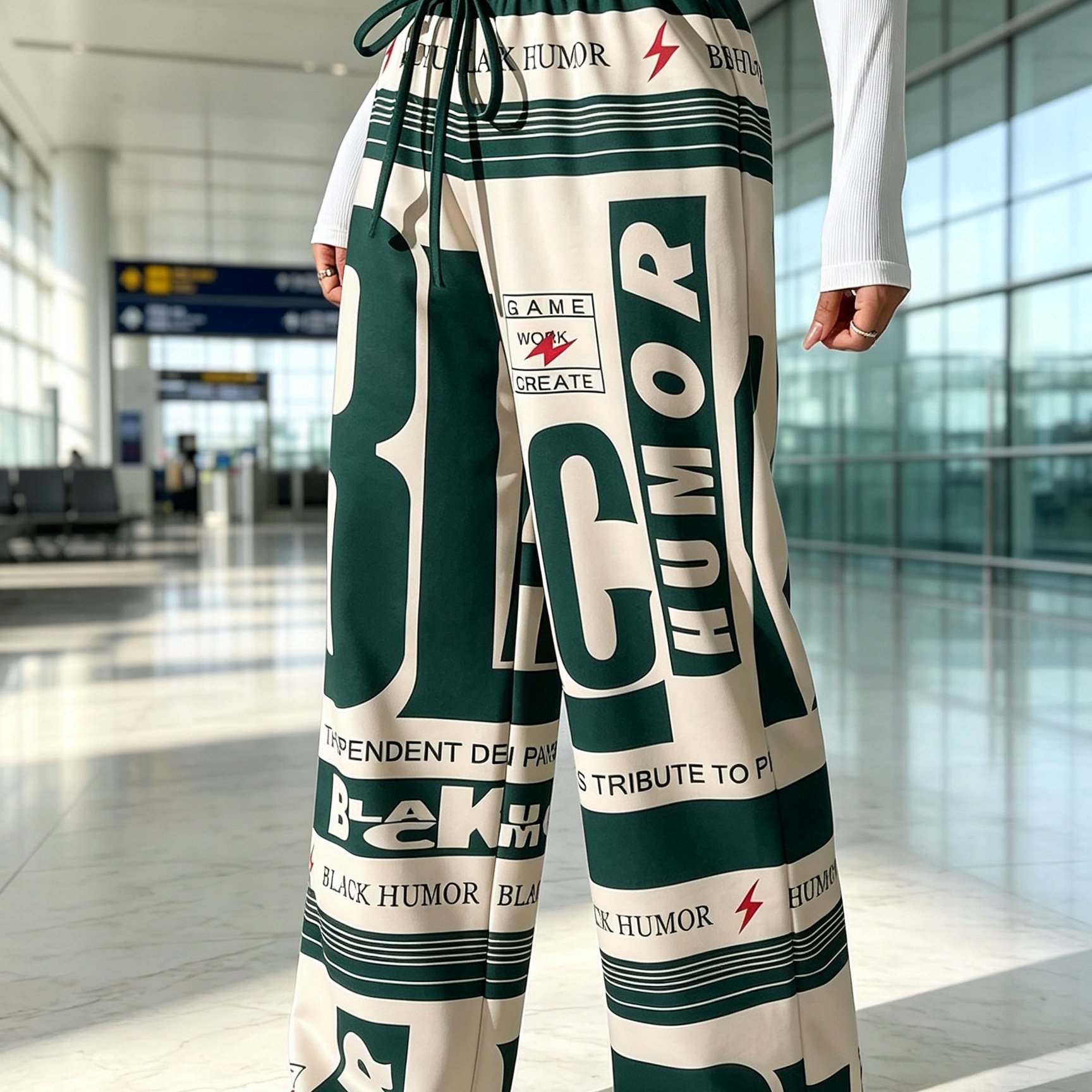Image of Women's Fashionable Street Casual Pants, Letter Print, Colored Stripes, Elastic Drawstring Waist Straight-leg Pants, Worn At Home Or Out
