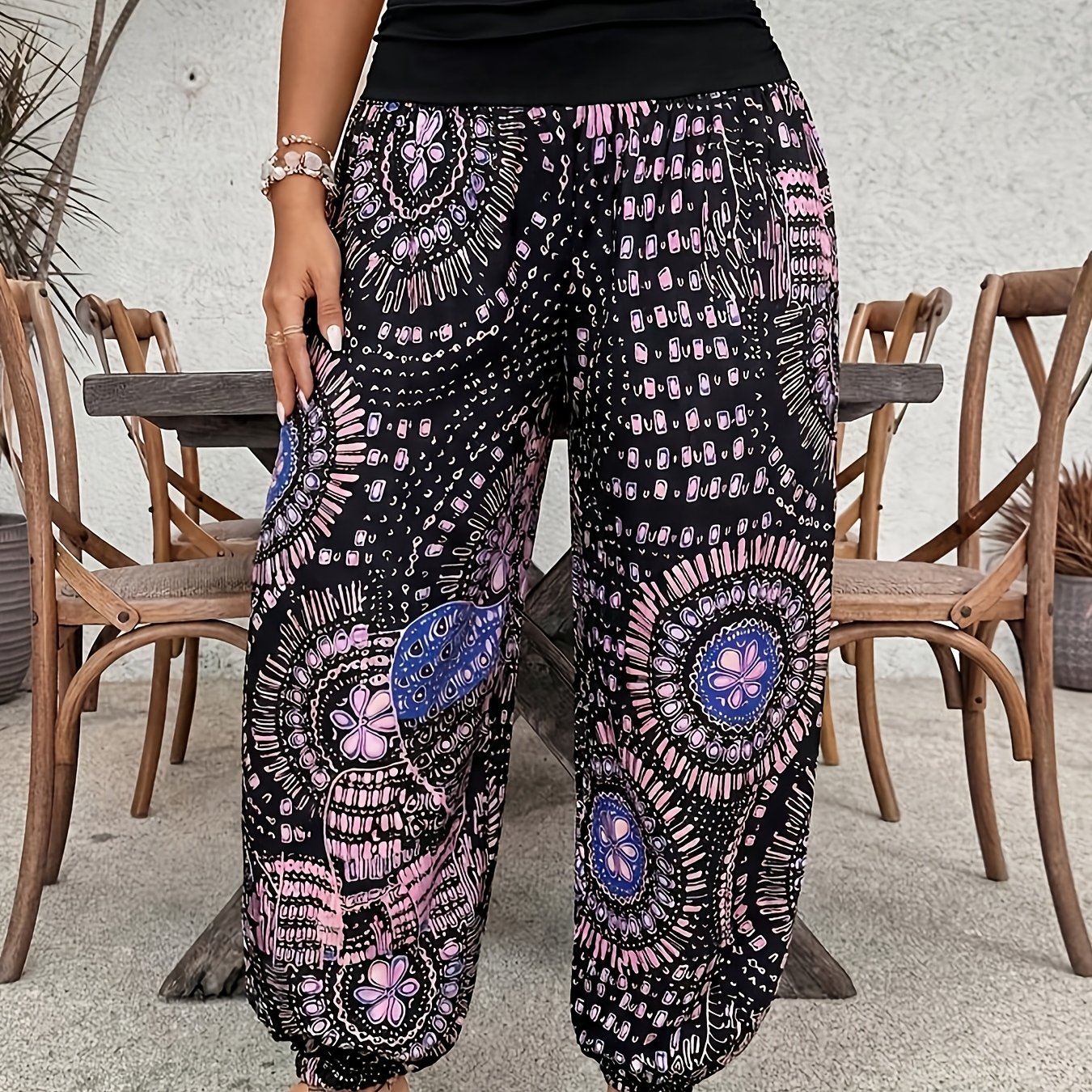 TEMU Women's Bohemian Print Wide-leg Pants With Contrast Color Waistband, Casual Vacation Trousers Suitable For Office Commuting, Vacation Travel,