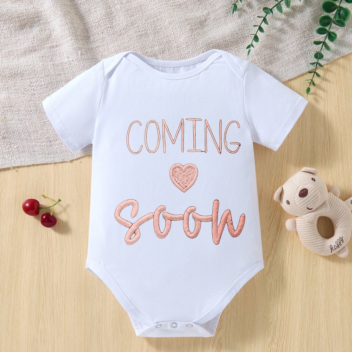 Image of Baby Onesie Short Sleeve With Heart Print For Pregnancy Announcement Unisex Breathable Comfortable Pure Cotton Suitable For Outdoor Activities In 4 Colors, Perfect For Outdoor