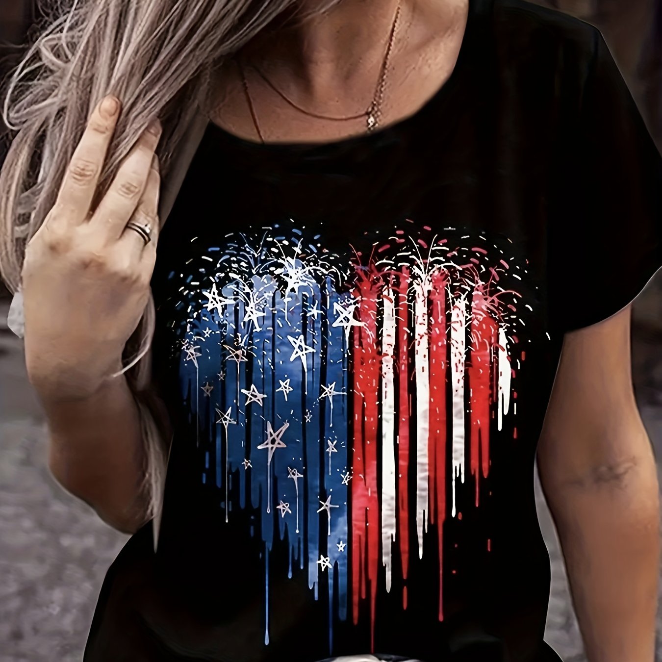 TEMU Vibrant American Flag Print V-neck T-shirt - And Spandex Blend, Summer - Womens Casual Short Sleeve Tee