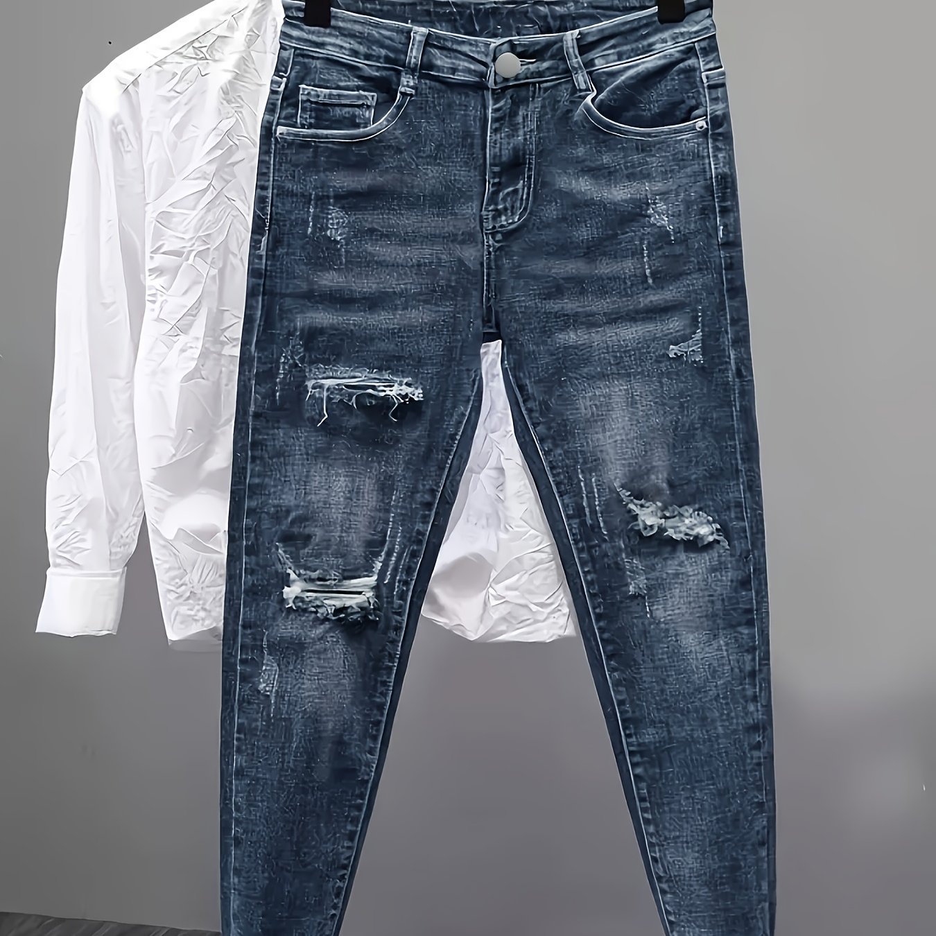 Image of Men's Heavyweight Washed Slim Fit Ripped Jeans — Blue-grey Distressed Denim, Medium Stretch Street Style, For , Suitable For Casual And Formal Occasions, Versatile Apparel, Durable Fabric