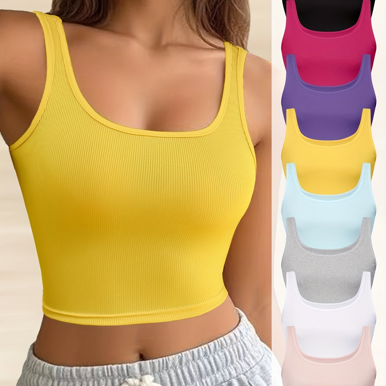 Image of 8pcs Summer Lightweight Short Vest Women's Inner Layer Comfortable Sleeveless Crop Top Camisole For Outerwear Spaghetti Strap Tank Tops