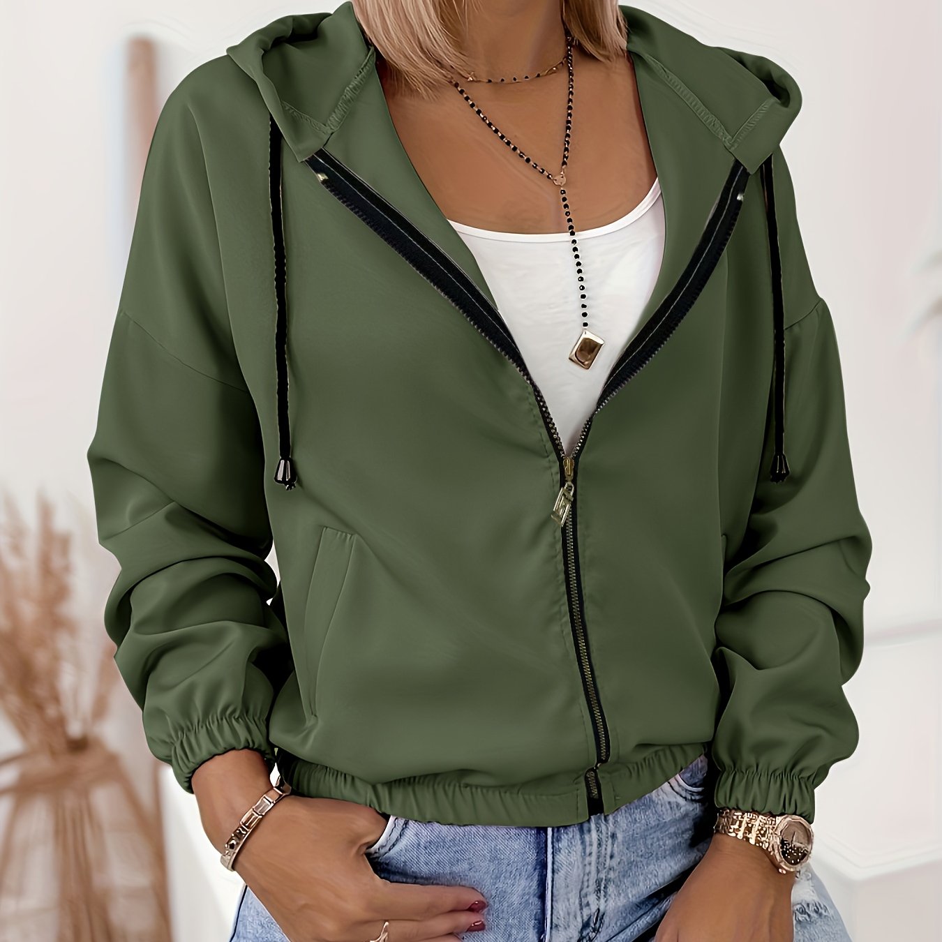 Image of Women's Fashion Casual Hooded Jacket / Military Green Versatile Zip-up Hooded Casual Jacket For Women