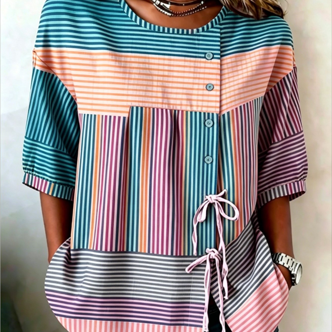 Image of Plus Size - Women's Retro Contrasting Striped Printed Lace-up Button- Shirt, Elegant Casual Wear, Women's Lace-up Shirt Top, Fashionable And Versatile, Suitable For Spring And Autumn, Is For Her