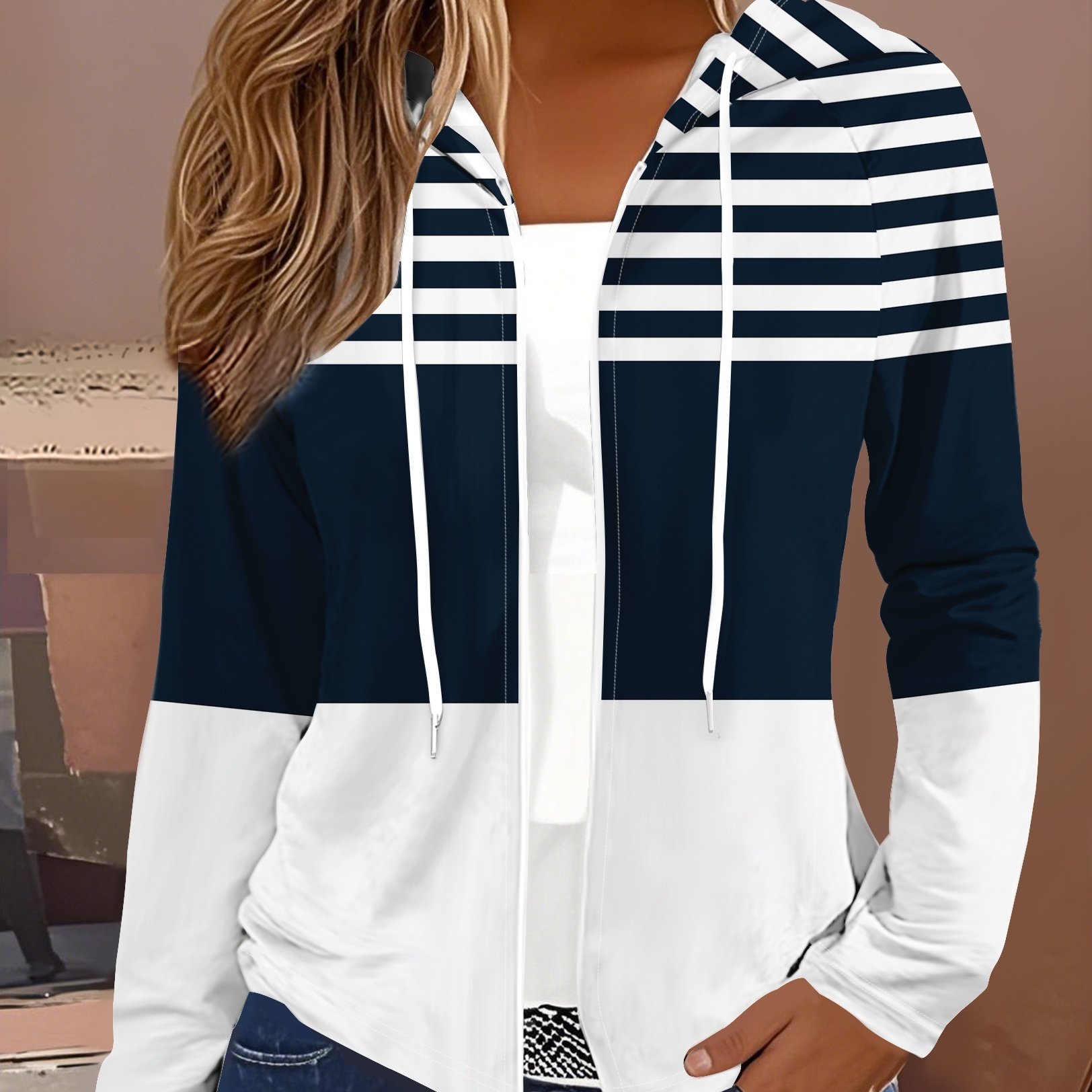 E-shop Gestreifte Navy-Weiß-Blau Freizeitjacke mit Kapuze und Reißverschluss für Frühling und Herbst