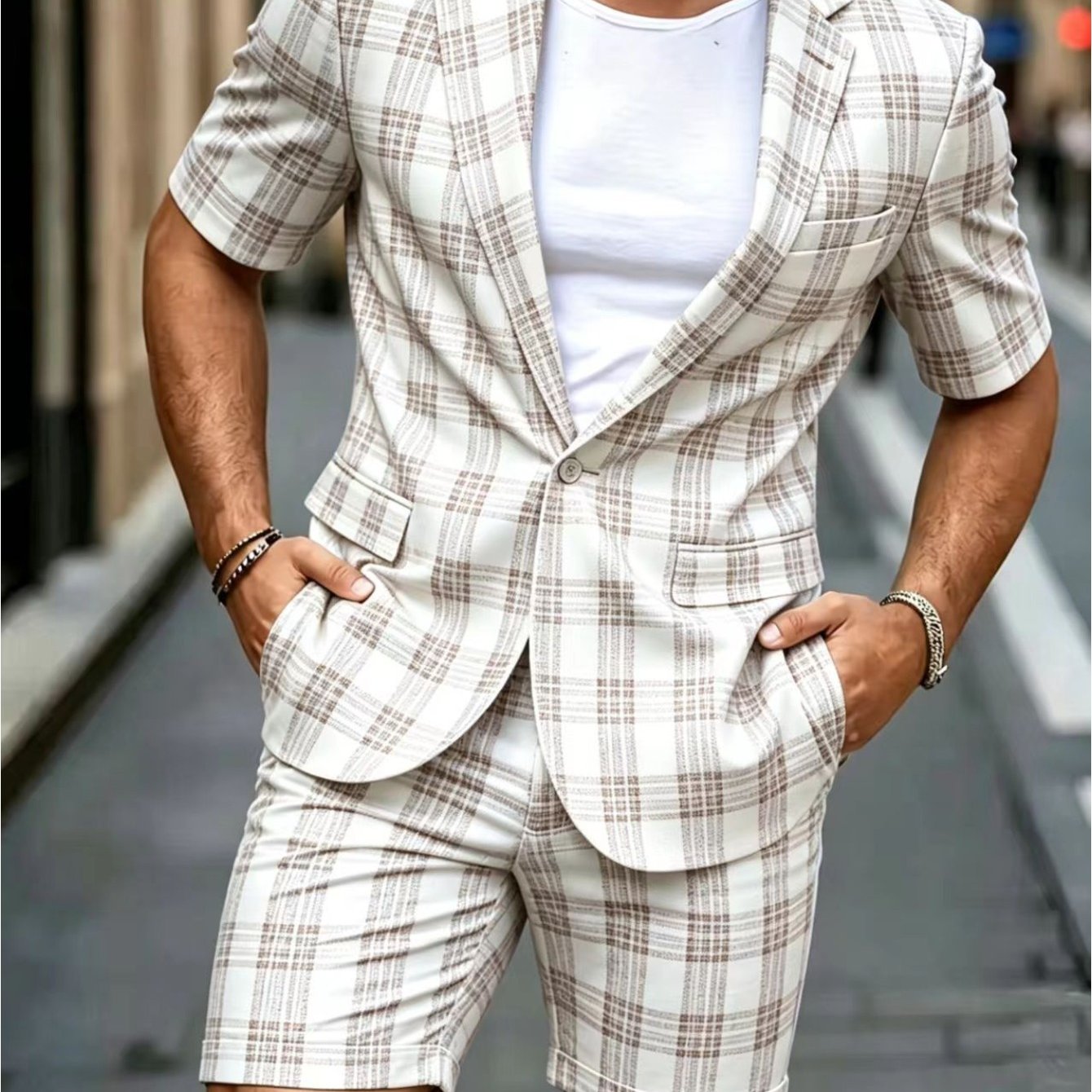 2pcs Men's Suit Fashion Suit Single Button Short Sleeved Suit Jacket+same Color Shorts Set Summer Casual Business Banquet Party