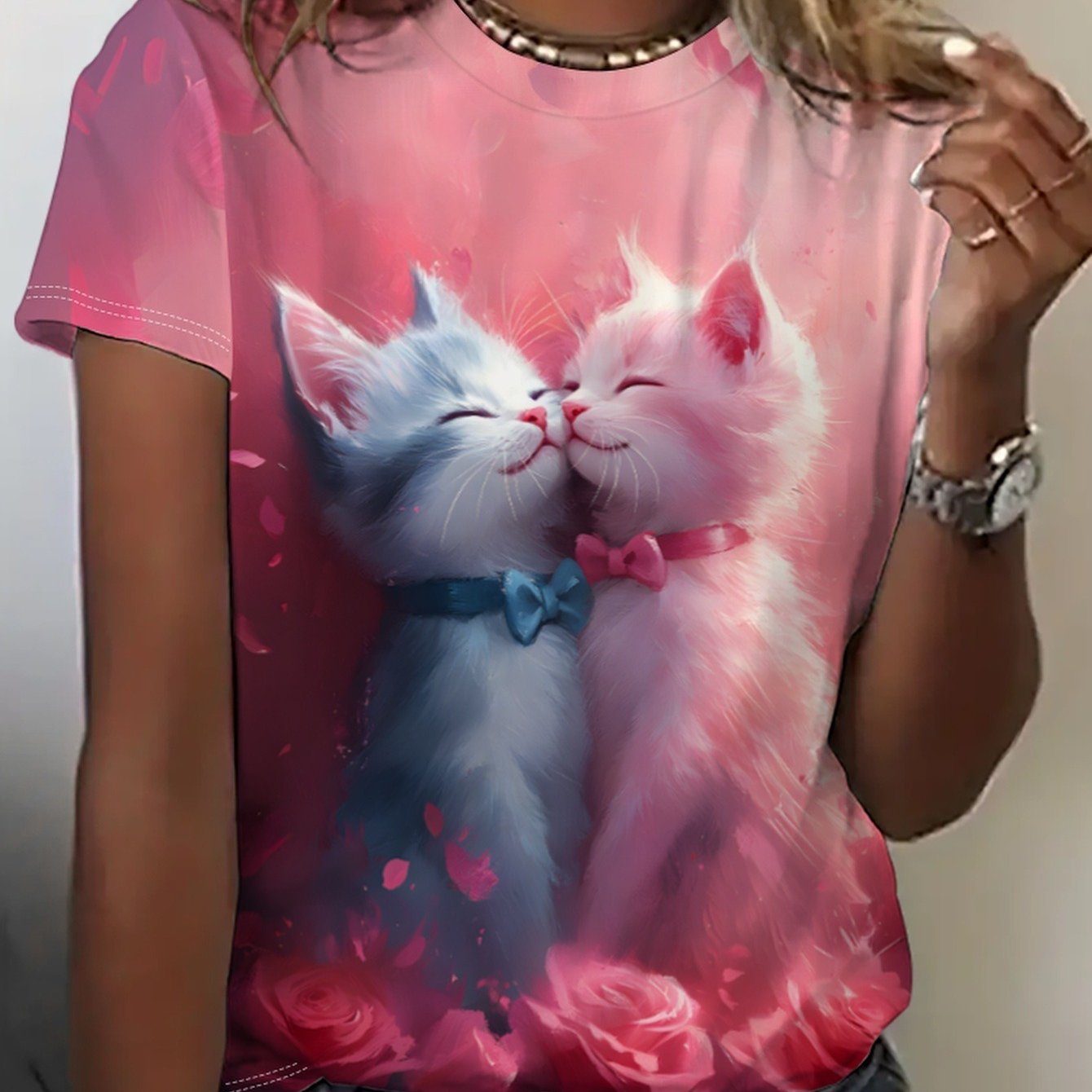 TEMU Plus Size - Plus Size - Plus Size Women's Clothing- Women's Trendy Short Sleeve T-shirt With Pink And Blue Gradient Cat Print Design. The Cat