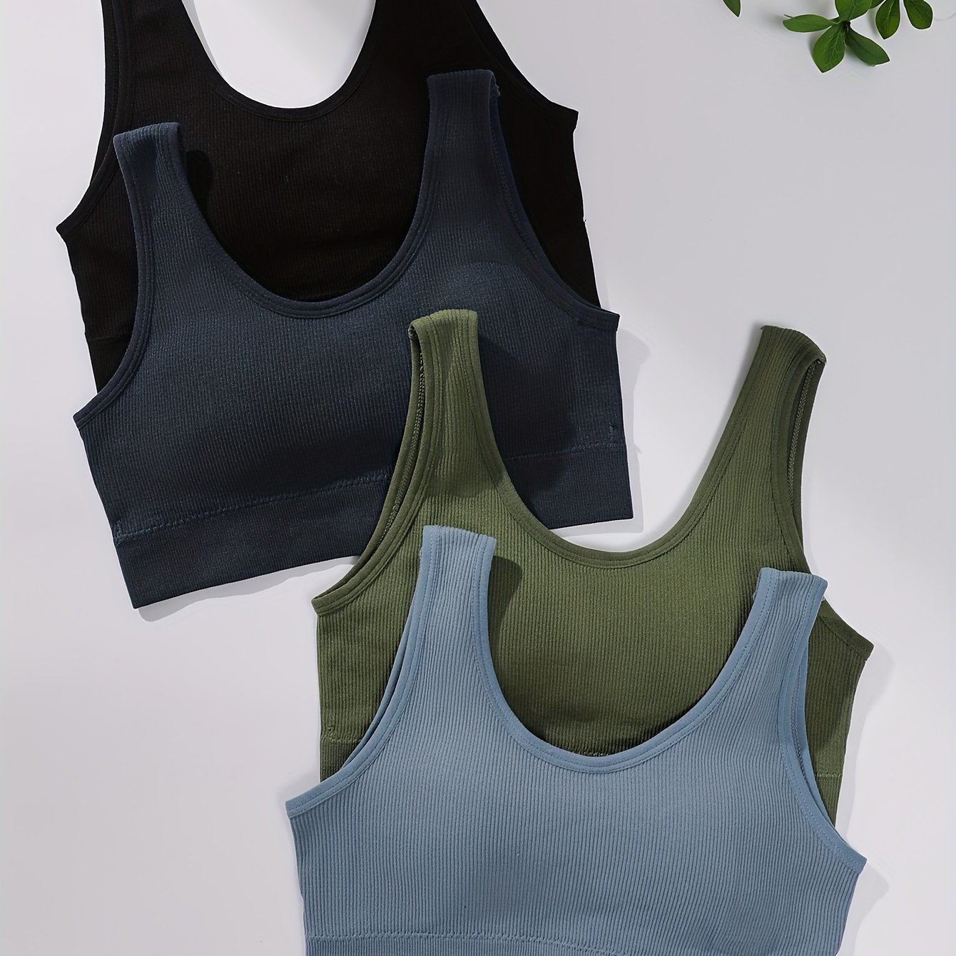 TEMU 4pcs Women's Wire-free Sports Tank Tops With Removable Pads - Seamless , Breathable Fabric, Solid Colors (black/olive/blue/navy/pink) For Gym,