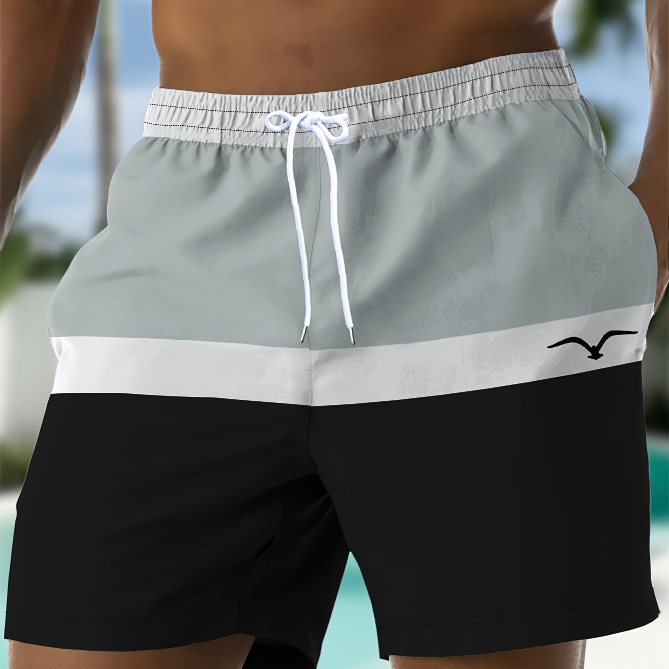 Image of Men's Summer Contrast Pattern Drawstring Waist Slant Pocket Hawaiian Quick-dry Double-layer Mesh Lined Shorts 3d Fashion Casual Trendy Beach Vacation Bermuda Shorts