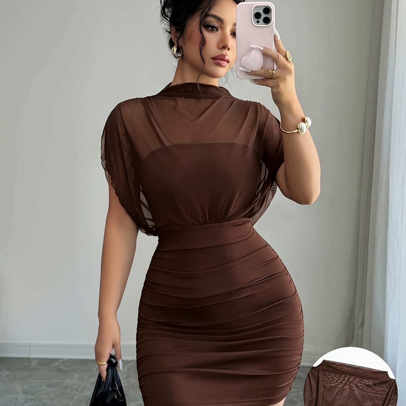 TEMU Spring Summer New Solid Mesh Dress Round Neck Sheer Vest And Waist-cinching Pleated Short Skirt Sexy Date Dress