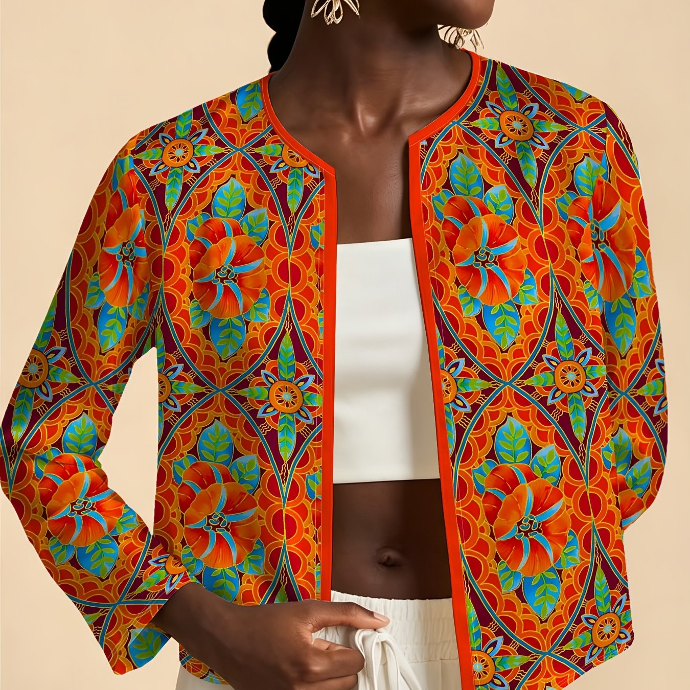TEMU Ethnic-style Printed Women's Round-neck Cropped Cardigan Jacket, Floral Print Long-sleeve Buttonless Outer Layer, Lightweight Elegant Jacket
