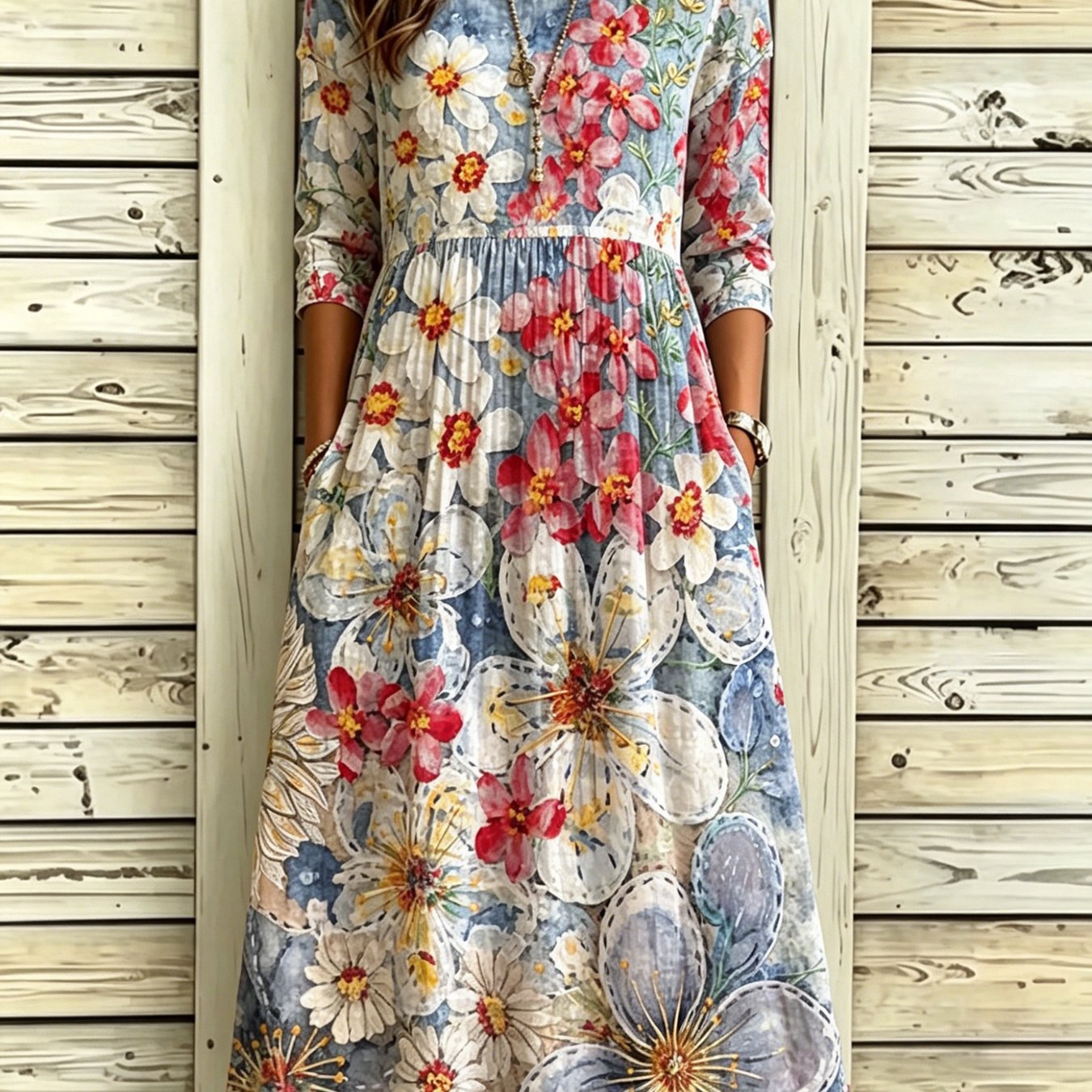 Women's Elegant A-line Midi Dress With Pockets - 3/4 Sleeve Round Neck Maxi Suitable For - Wear, -line Silhouette &, Machine Washable Dress For, Wedding, (no Chest Padding)