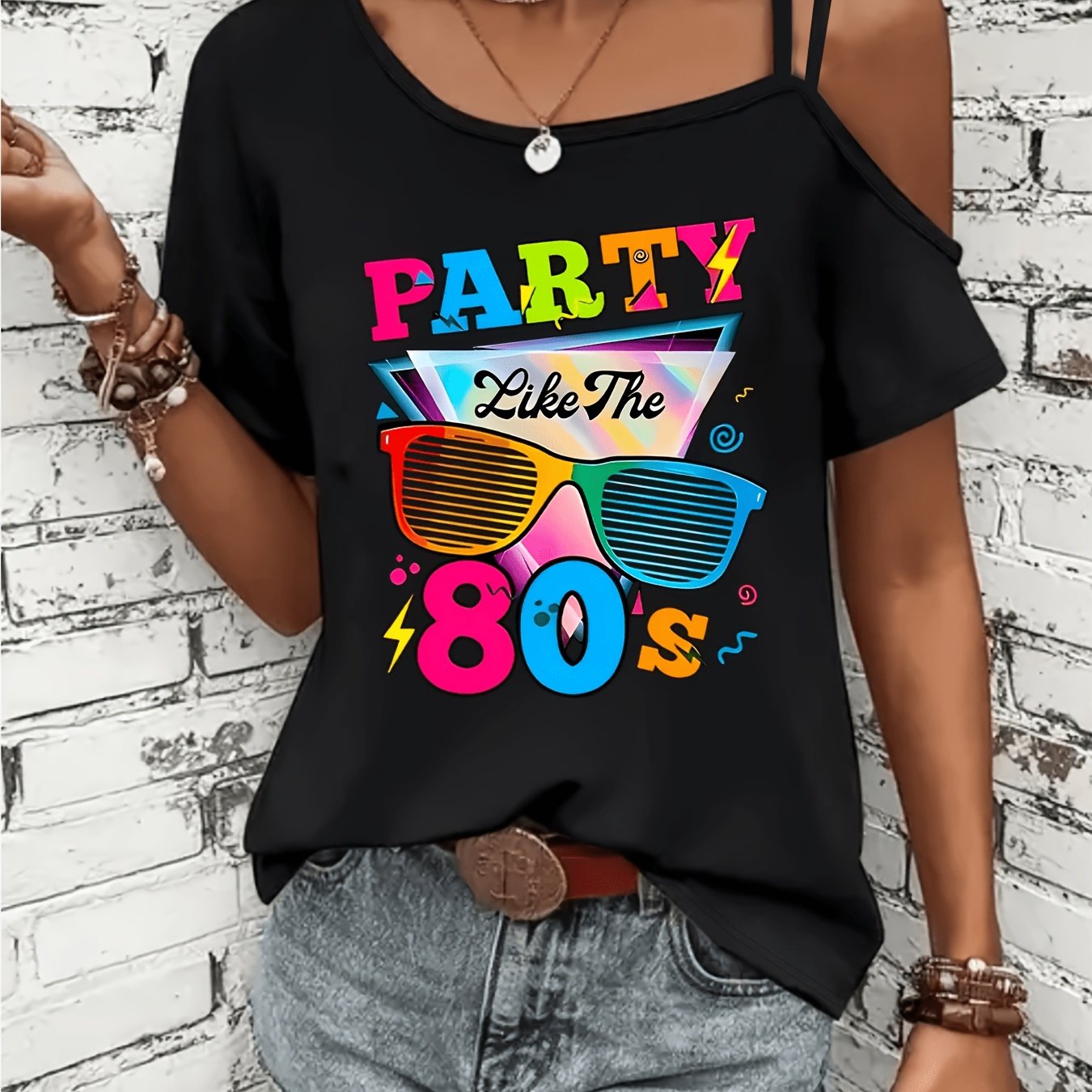 TEMU Triangular Base With Colorful Letter Party And Colored Glasses Pattern Print, Loose-, Fashionable Off-the-shoulder Strappy Top Suitable For