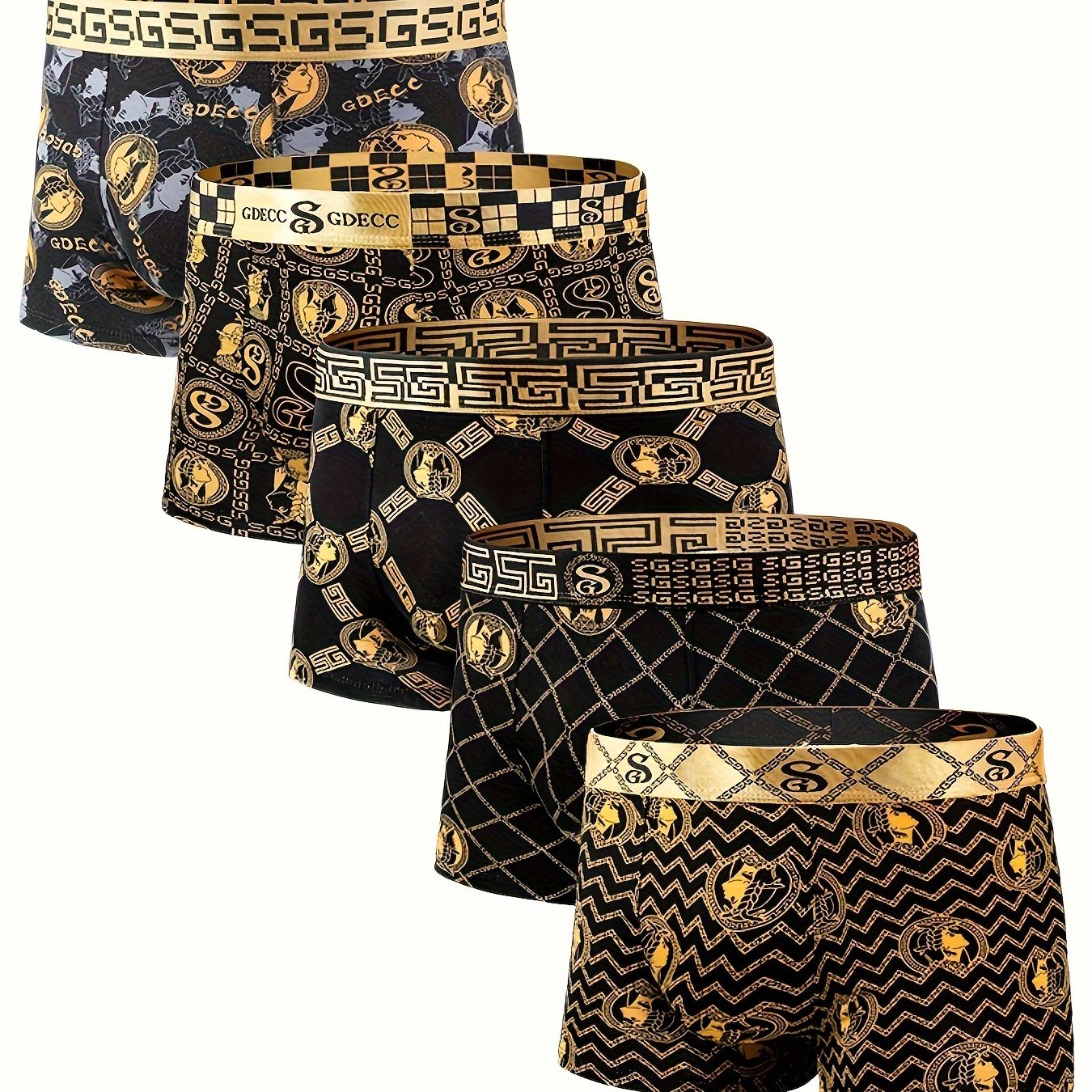 4/5pcs, Black And Golden , Full-print Portrait Pattern, Design, Cotton, Skin-friendly And Comfortable Crotch, High-elasticity Waistband, Men's Boxer Briefs