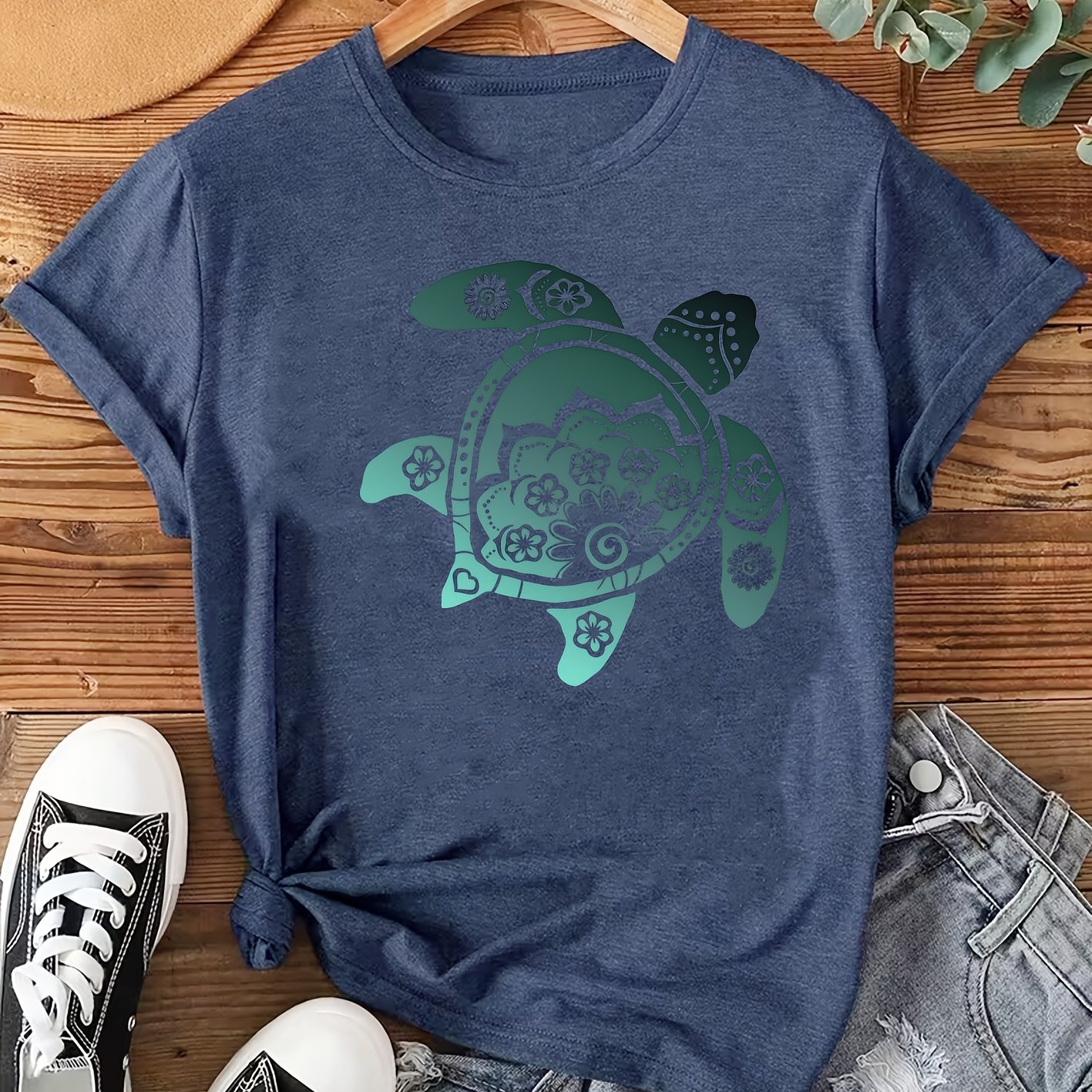 TEMU Women's Elegant Short Sleeve Gradient Pattern Turtle Print Round Neck Comfortable Soft Breathable New Style Fashion Simple Vintage Versatile