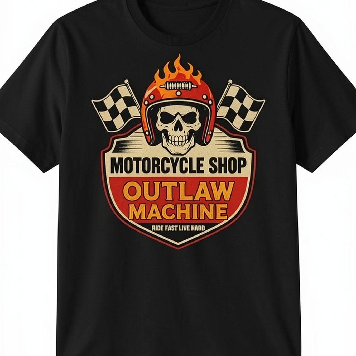 Image of Men's Graphic Tee For Bikers - Outlaw Machine Motorcycle Shop Design Featuring A Checkered Flag And Skull - Comfortable And Breathable Material - Washable In Machine - Ideal For Motorcycling And