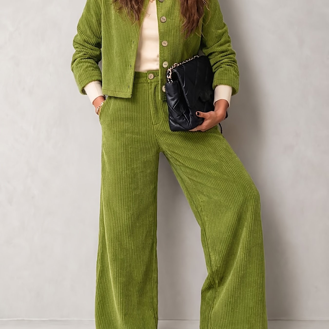 TEMU Women's Corduroy Loose Fit Casual Fashion Set: Round Neck Short Jacket   High-waist Wide-leg Pants 2pcs Set