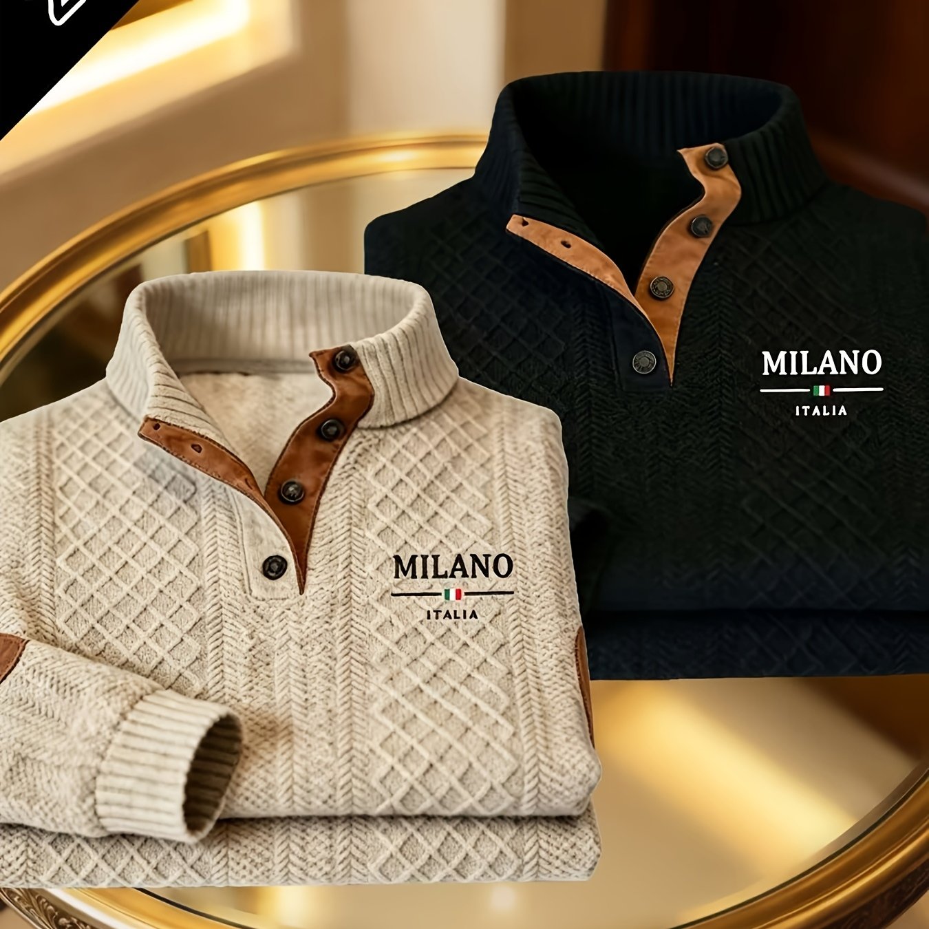 TEMU 2pcs Cross-border European And American Men's Autumn/winter Stand Collar Jacquard Henley Pullover, Casual And Comfortable Knit Button-up Fashion