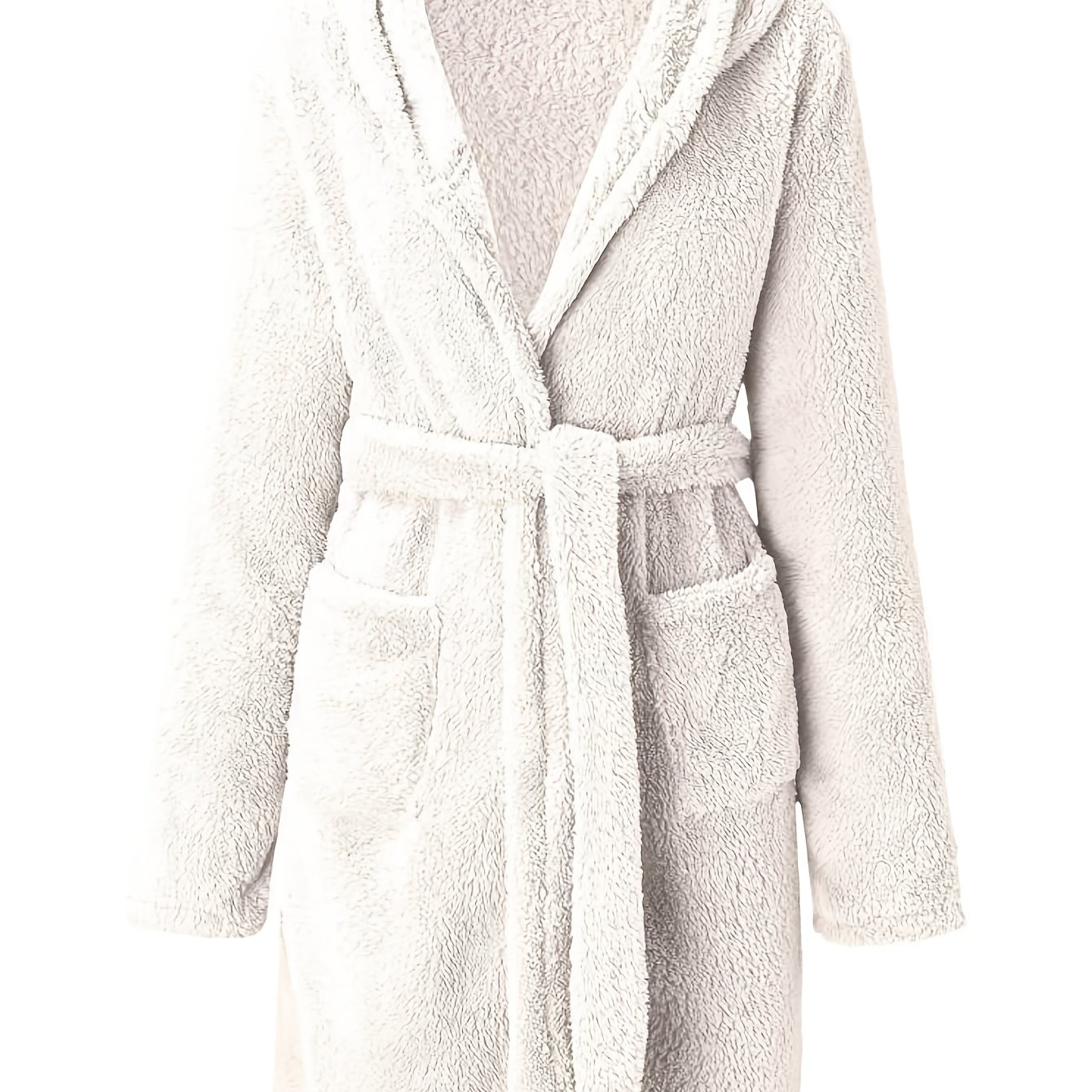TEMU 1pc Winter Style Fleece Home Robe Women's Hooded Green Long Sleeve Tie-waist Double Pocket Short Wear Women's Robe, Bathrobe, Nightgown