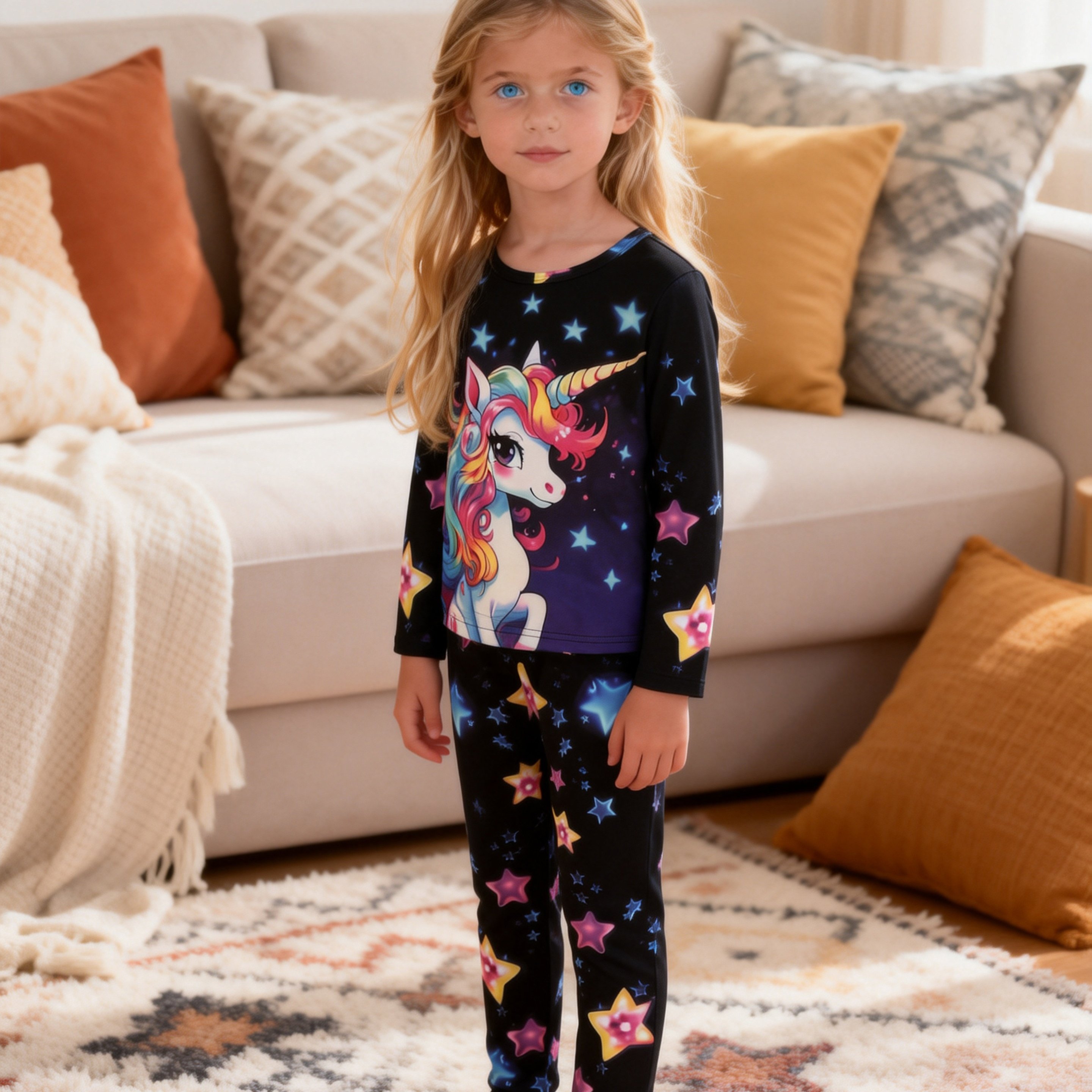 Image of 2pcs Set Girls' Unicorn Base Layer Underwear Long-sleeve Long-pants Set, Warm Air-conditioning Clothes, Skin-friendly, Close-fitting, And Comfortable
