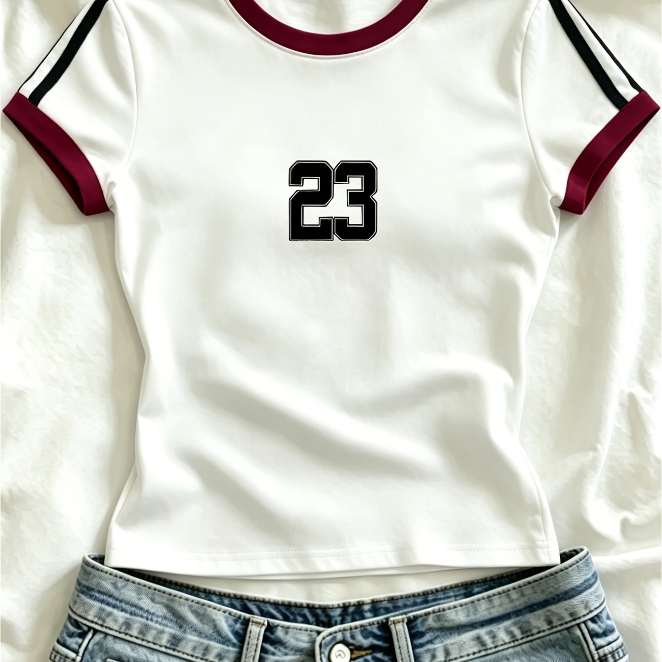 TEMU 1pc Western Fashion Spring Shoulder Round Neck Contrast Slim 's T-shirt, Pattern Women's T-shirt