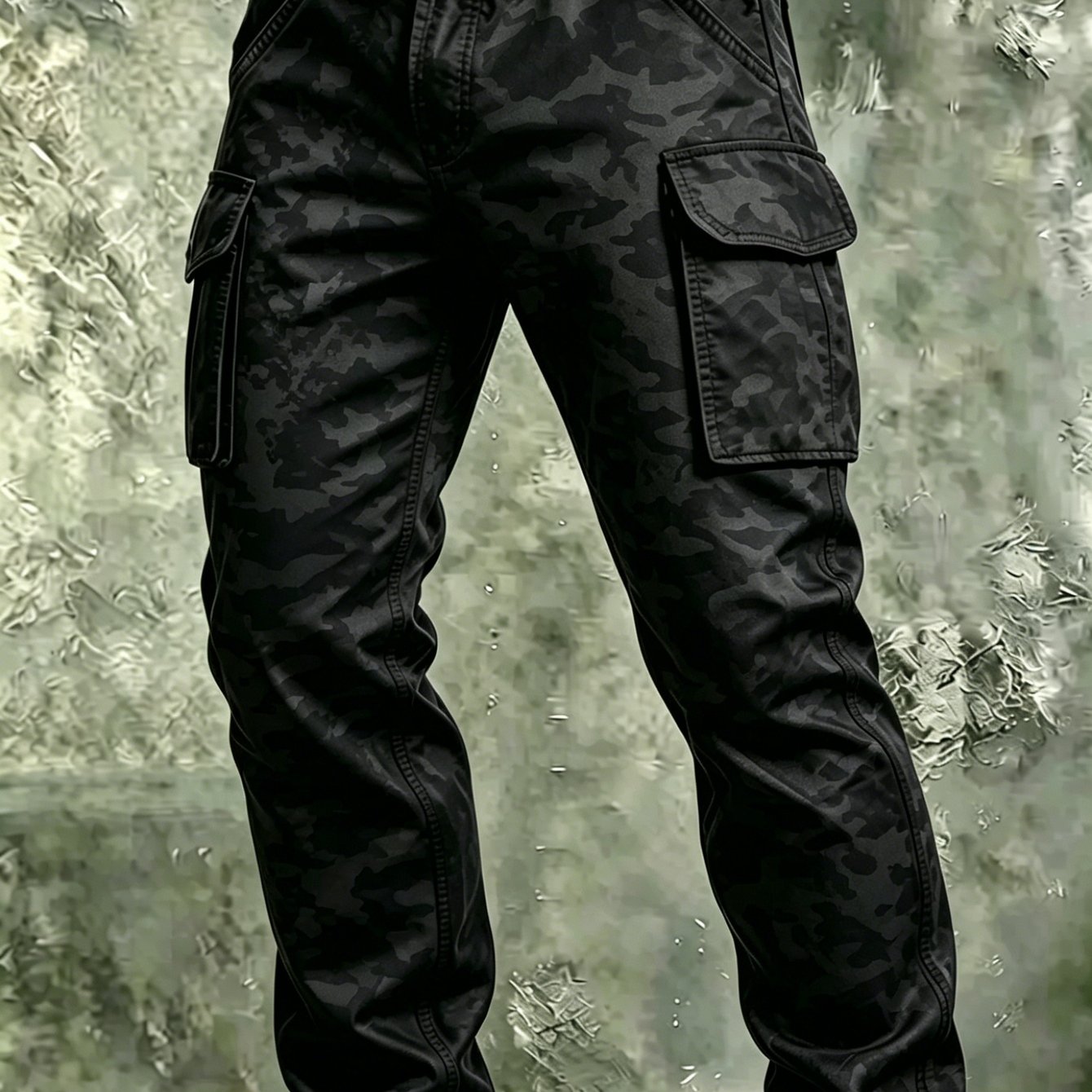 Men's Dark Camo Digital Printed Cargo Pants, Elastic Waist Multi-pocket Casual Outdoor Trousers