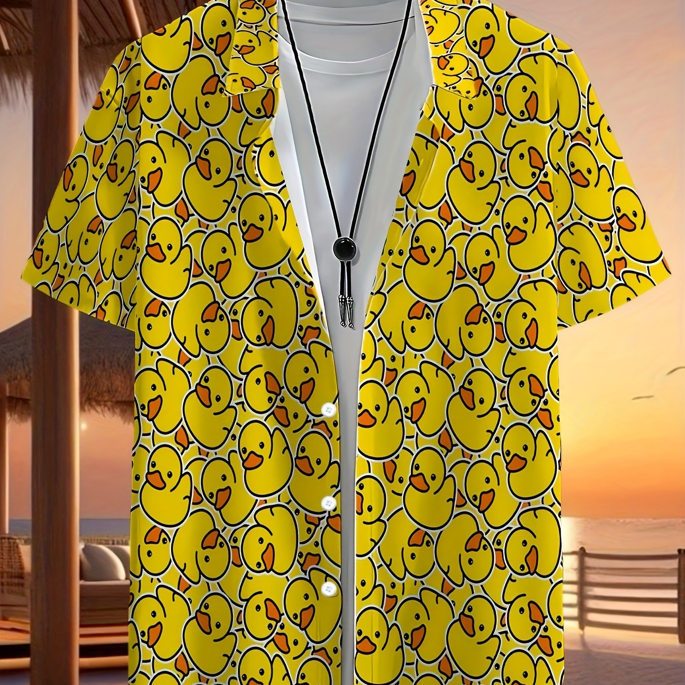 TEMU Men's Hawaiian Duck Print Short Sleeve Shirt - Collar Button-front Loose Fit Beach Shirt With Full-body , Casual Swimwear Cover Up For Resort