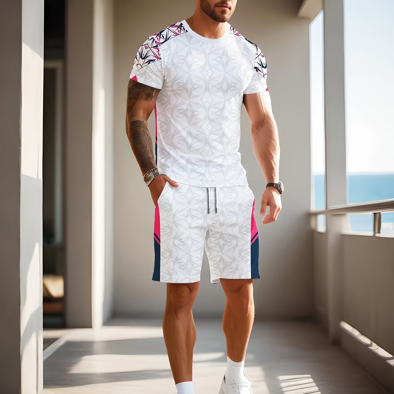 TEMU Conjunto para hombre con estampado 3D moderno, transpirable, de manga corta con pantalones cortos blancos con bolsillo y cordón ajustable, ultra