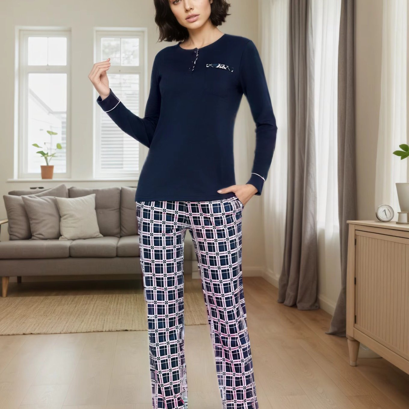 Image of Women's Pajama Pants Checkered Pajamas Winter Sleepwear Two-piece Pajama Set Round Neck Sleepwear