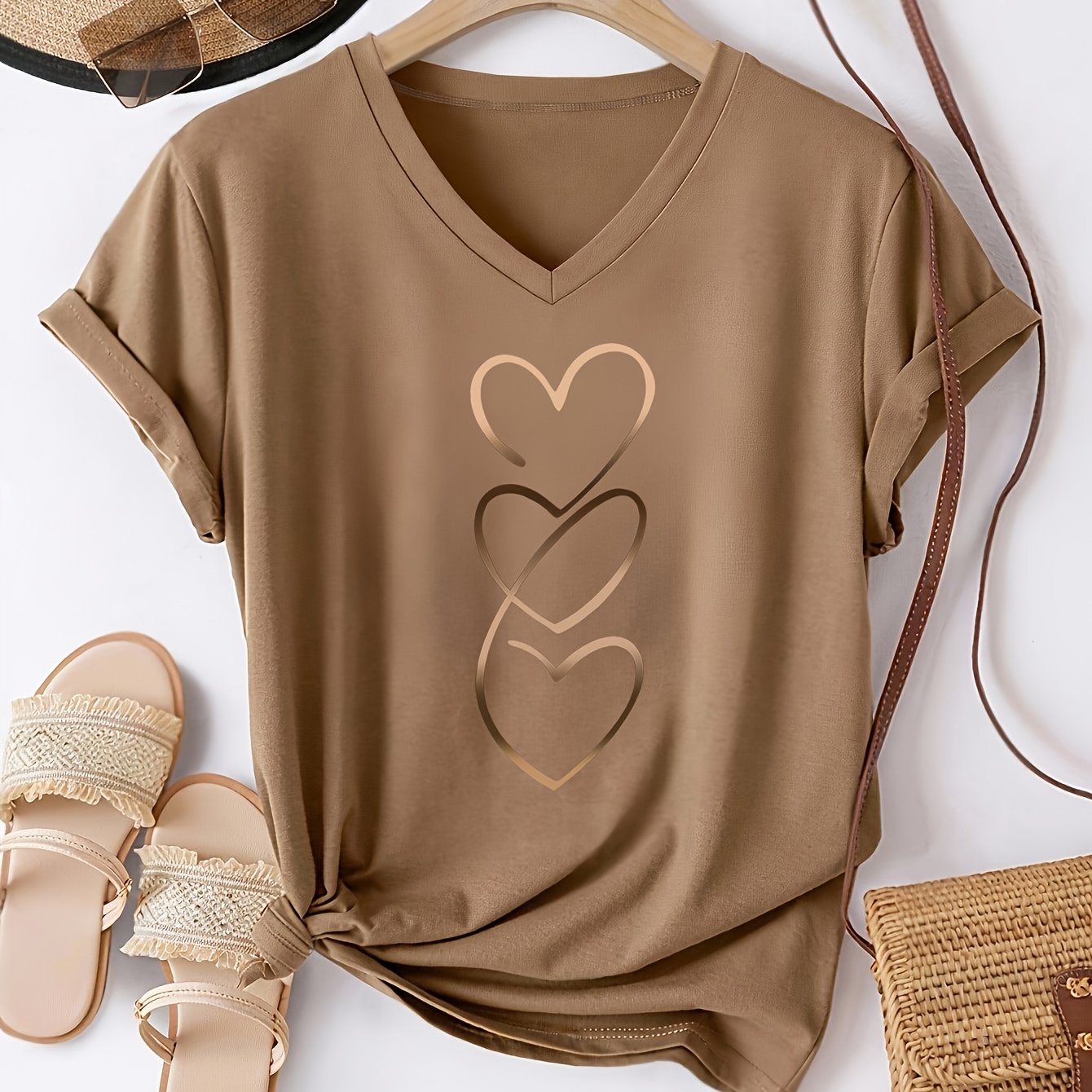 TEMU Women's Printed V-neck T-shirt Women's Spring And Summer Thin Pullover Versatile Casual Sports Short-sleeved Top