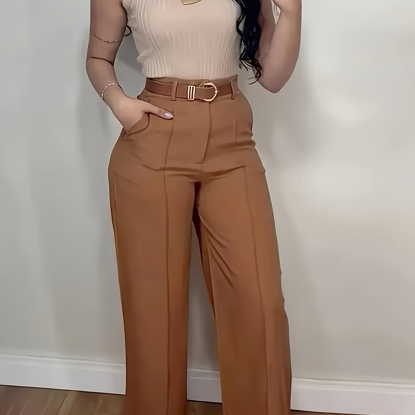 TEMU Women's Elegant Wide-leg Pants - Non-stretch Office Trousers With Built-in Zipper Closure, Formal & Casual Business Pants In - Workplace To