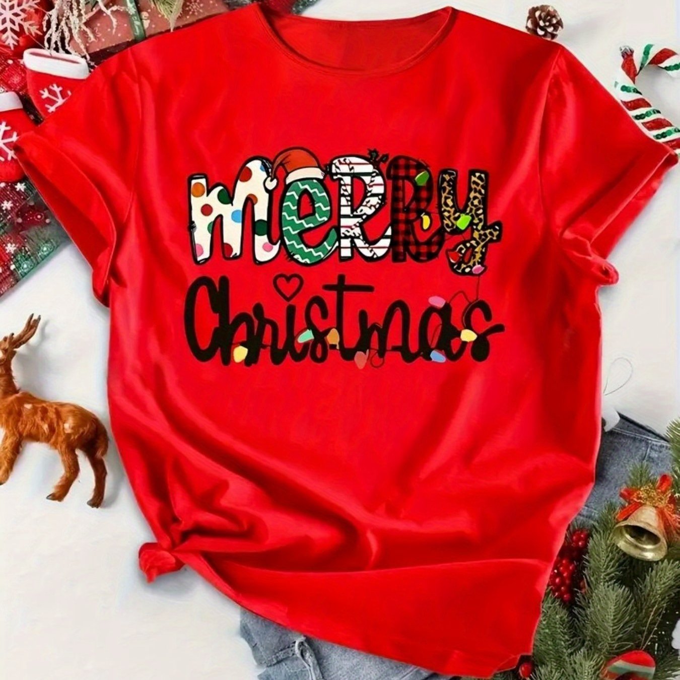 TEMU Women's Red Chrstmas Tshrt Wth Merry Chrstmas And Snowflake Casual Elegant Round Neck Short Sleeve Top, Festve Party Outft, Versatle Wnter And