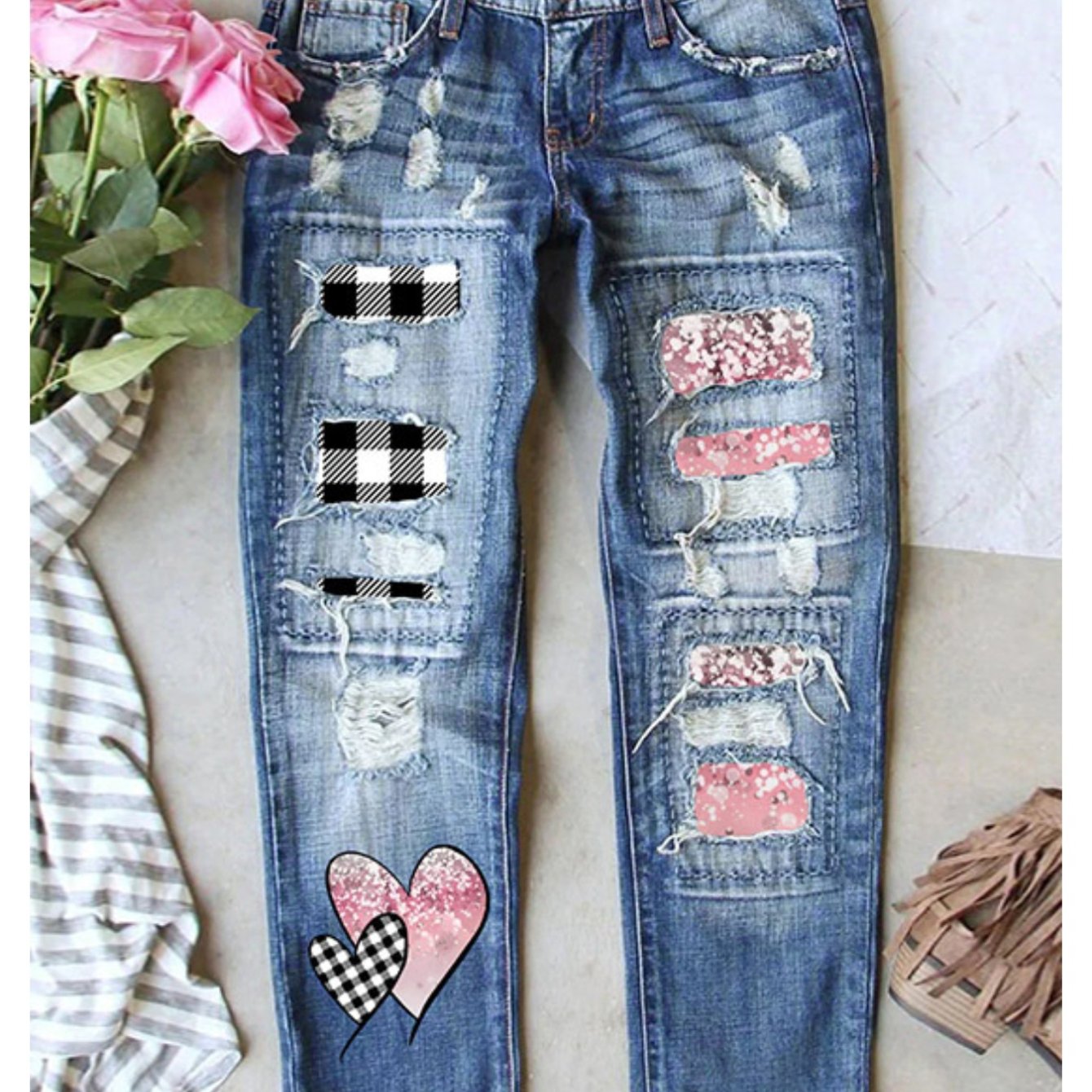 TEMU Women's Jeans With Heart, Black And White Checkered Print, Pink Print, Casual Slim Trousers, Fashionable Printed Jeans