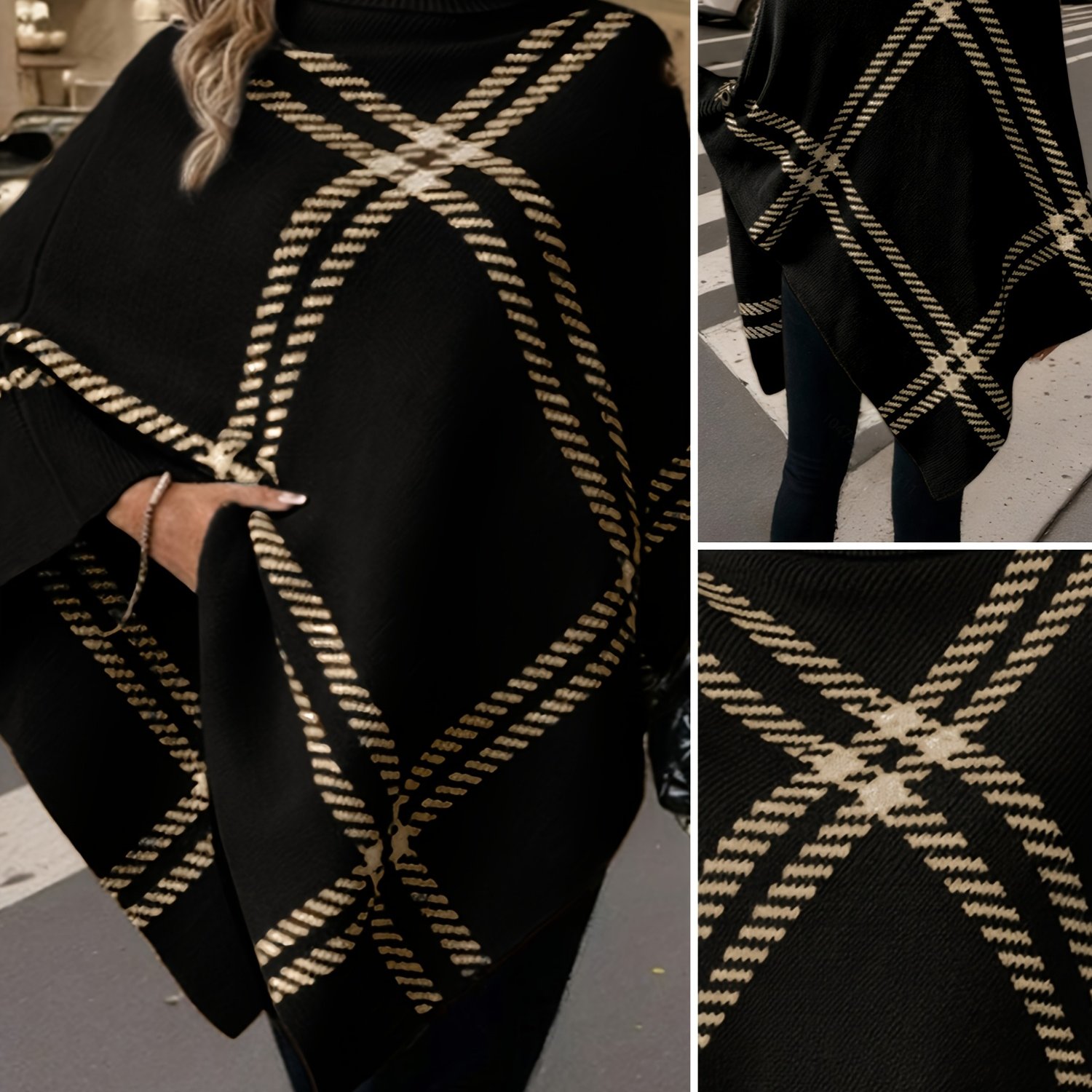 TEMU Élégant Spécial "Pure Body Bust" 1pc Élégant Châle Pull à Col à Carreaux pour Femmes, Décoration de Faux Boutons sur le , Design à Ourlet