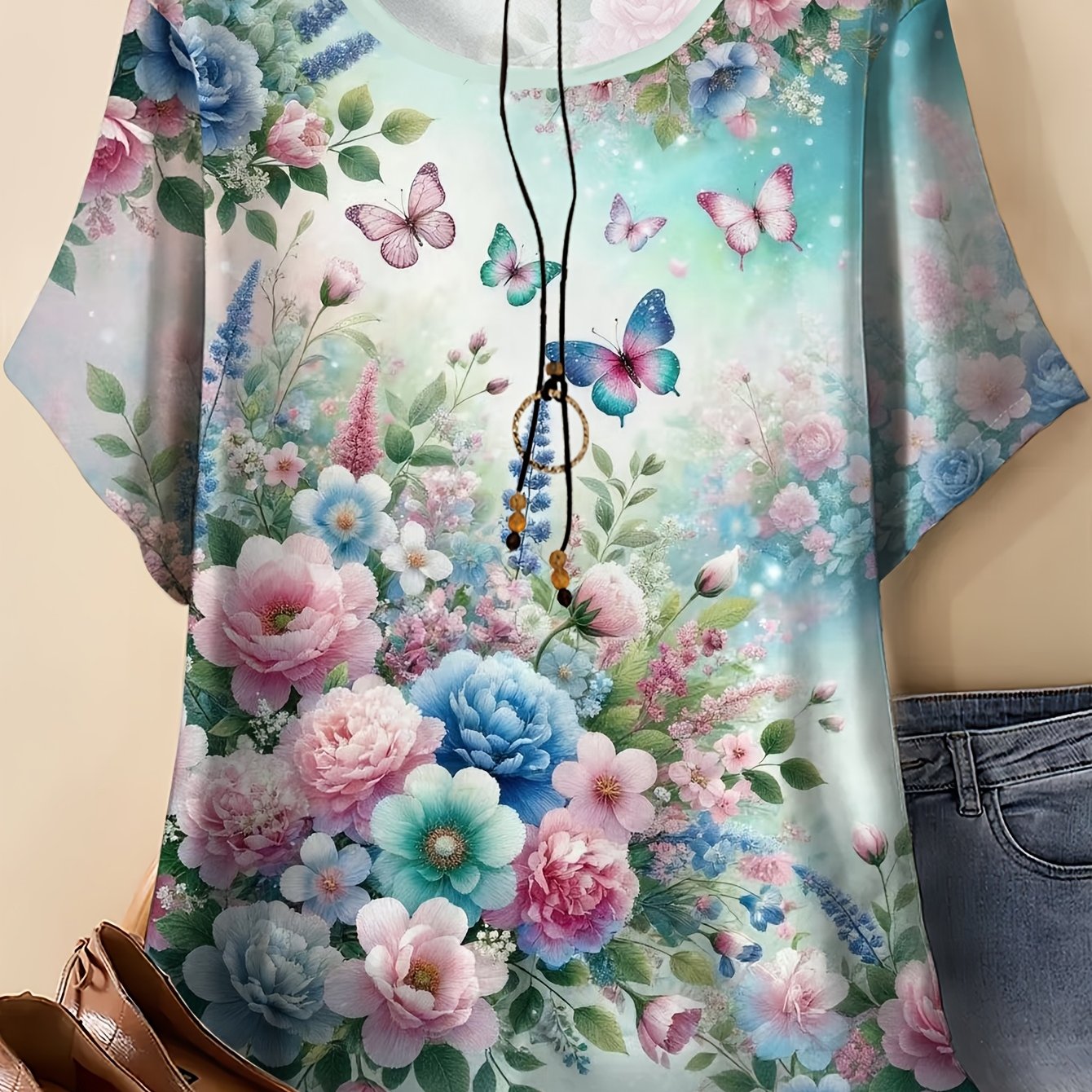 TEMU Plus Size - Plus Size - Summer New Women's Clothing Print Round Neck Casual Loose Plus Size Women T-shirt Women's Tops