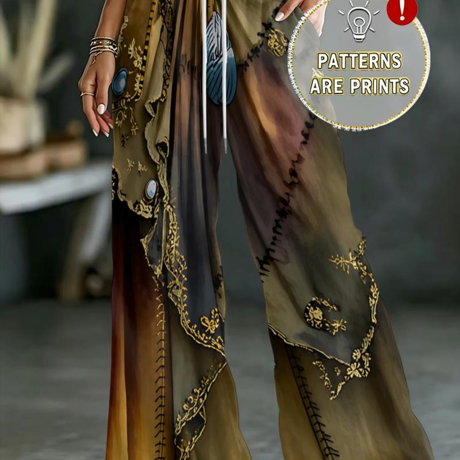 TEMU Women's Drawstring High-waist Wide-leg Casual Trousers With Pockets, Brown-green Gradient Base With Vintage Hem, Bohemian Pants, Loose And Flowy
