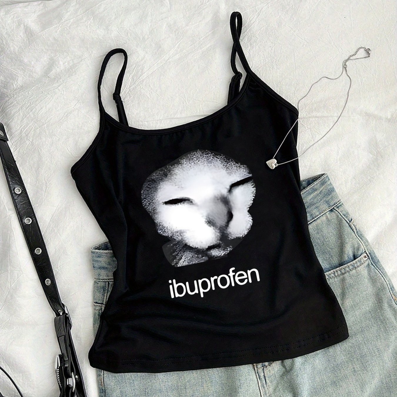 TEMU Americanstyle Roundneck Camisole With , Cat Pattern, Y2k Retro Hot Outfit, Adjustable Straps, Women's Summer New Style Short Camisole, Casual,