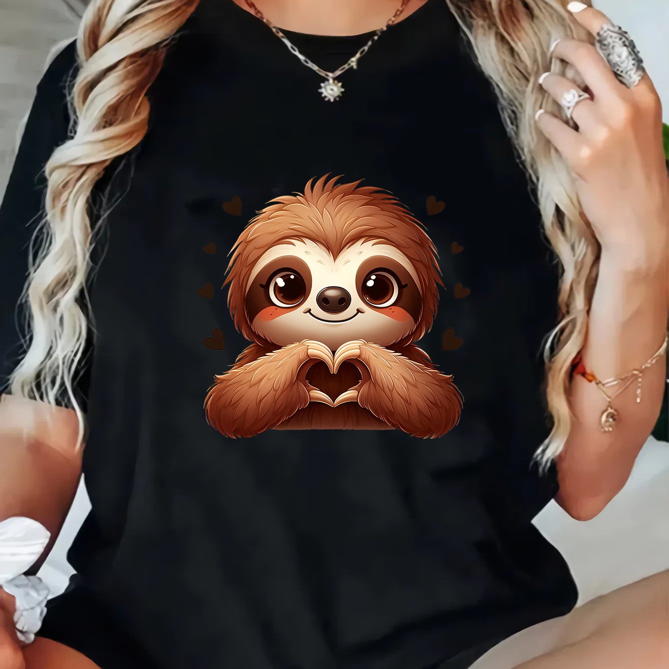 TEMU 1 Stück Damen-Übergröße Freizeit-T-Shirt mit Bären-Print, Polyester-Strickstoff, Kurzarm, Leicht Dehnbar, Geometrisches Muster, Reguläre Länge -