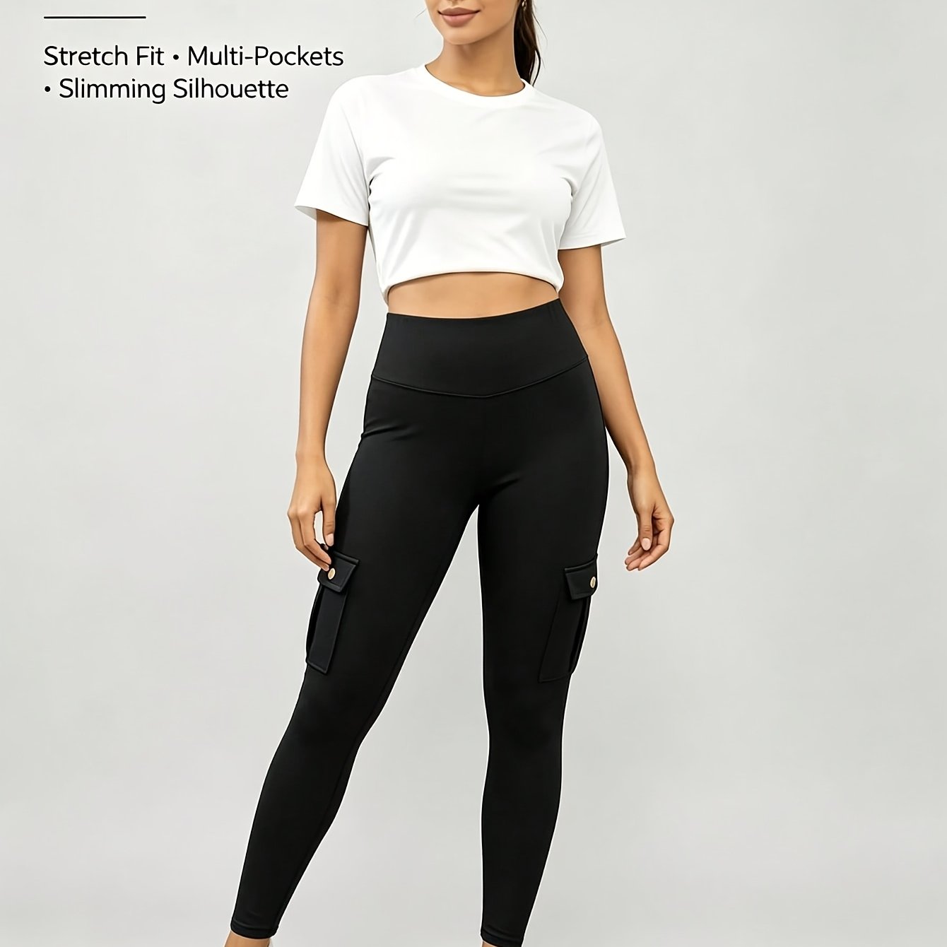 TEMU 1pc, High Waist Cargo Athletic Pants, Back Flap Pockets, Firm Waist Hold, Ideal For All Kinds Of Training, Wear For Travel And , Slim Fit Yoga