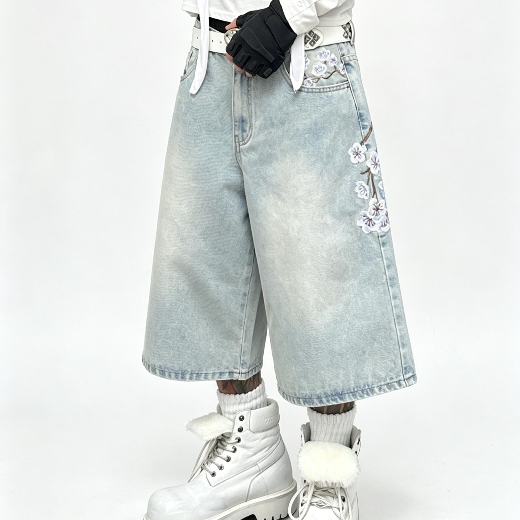 mens neo chinese cherry embroidered denim shorts - Temu Cyprus