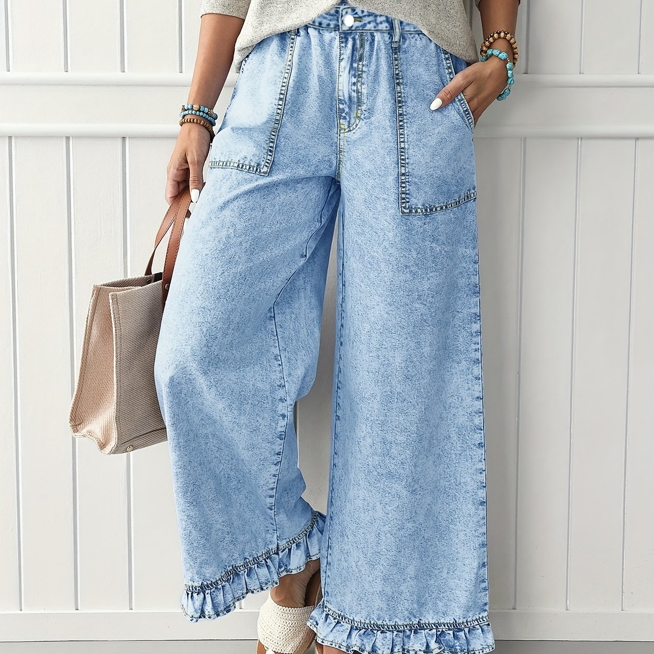 TEMU Chic And Sophisticated, Classic Retro Washed Blue Plus-size High-waisted Wide-leg Jeans For Women Feature A Hem. Are Machine Washable, For Any