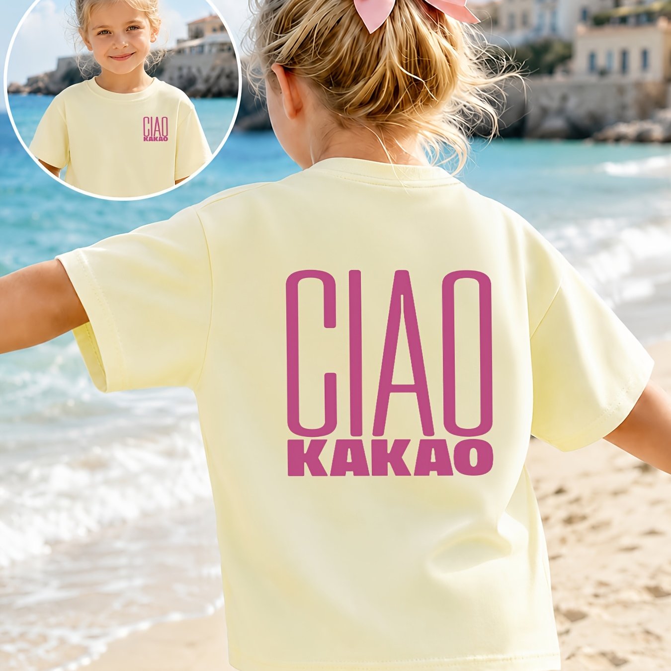 Image of Girls' Summer Short-sleeve T-shirt 1-14, Stylish Chiao Creative Print Versatile Casual Top, Suitable For Girls' Daily , Clothing