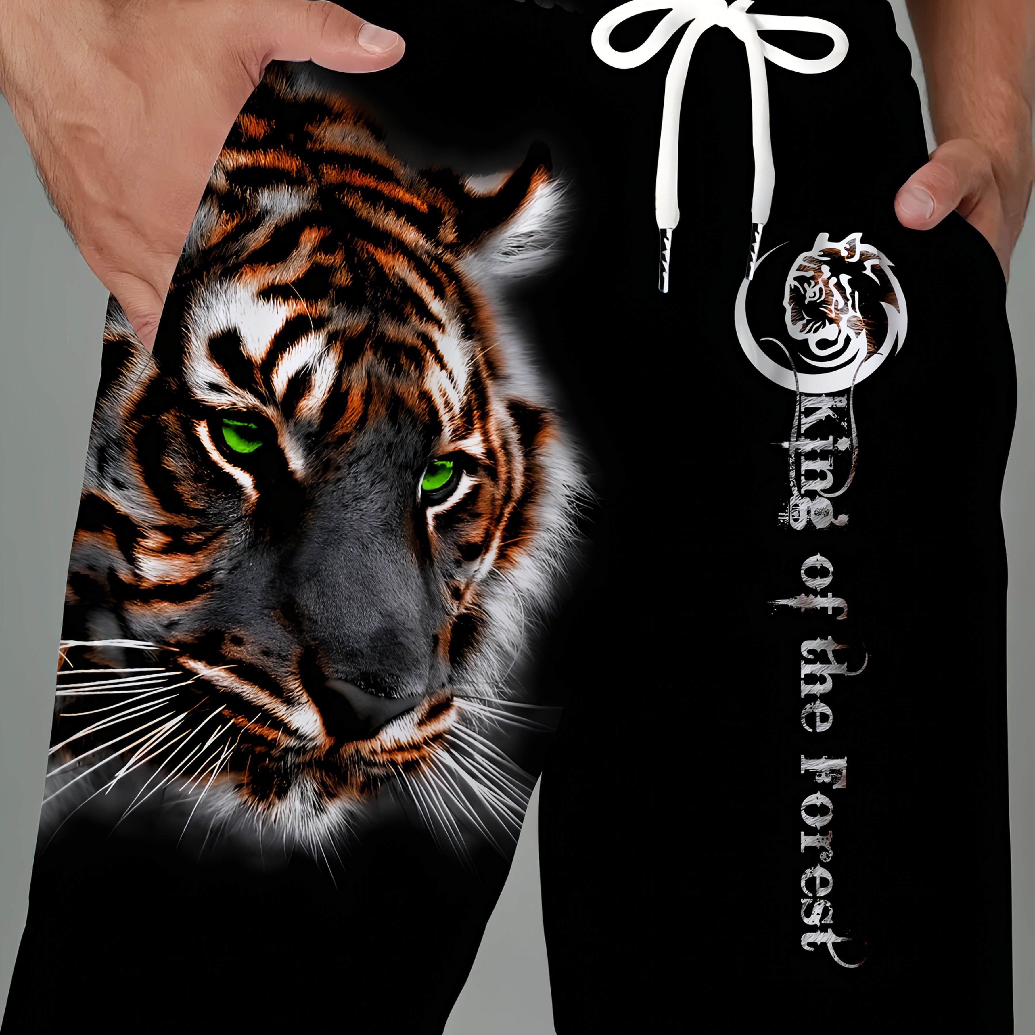 TEMU Men's Large Size Tiger Print Quick-dry Swim Shorts - Design Shorts With Adjustable Waist & Pockets, Machine Washable Summer Casual Sports Shorts